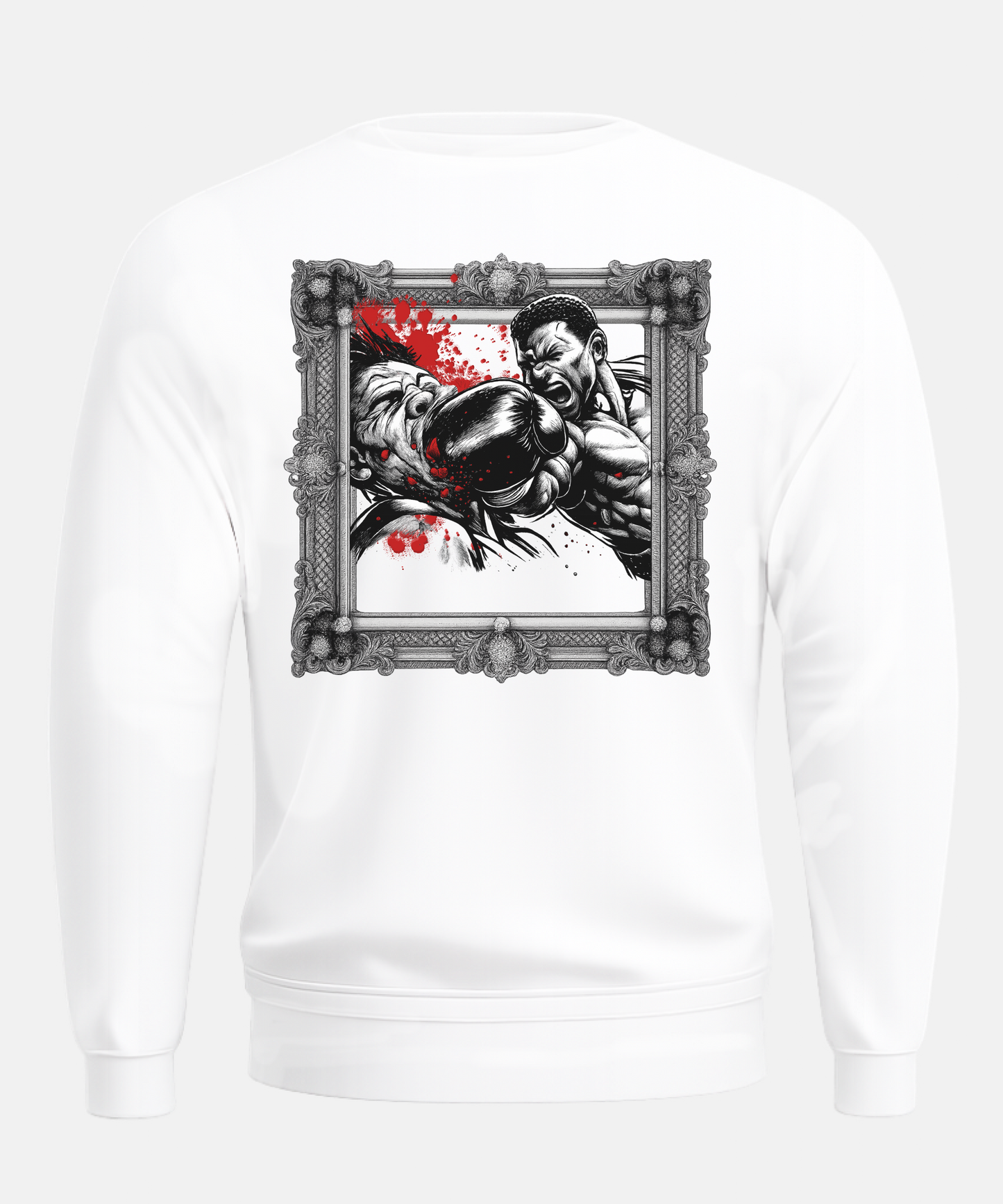 White sweatshirt with a graphic design of a boxer in a decorative frame on a white background