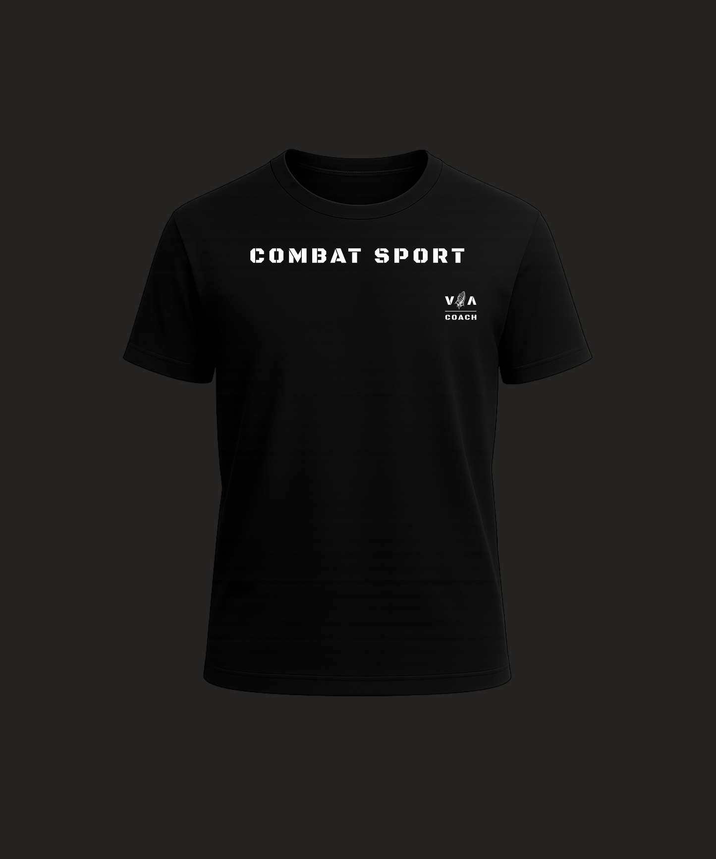 Black t-shirt with 'COMBAT SPORT' text on a black background