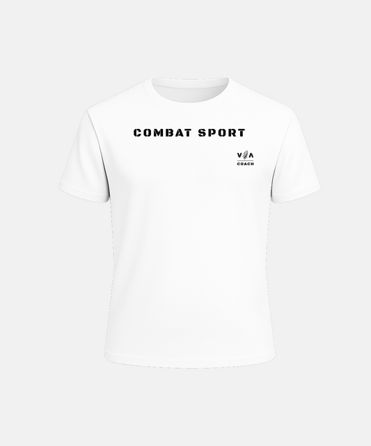 White t-shirt with 'Combat Sport' text on a white background