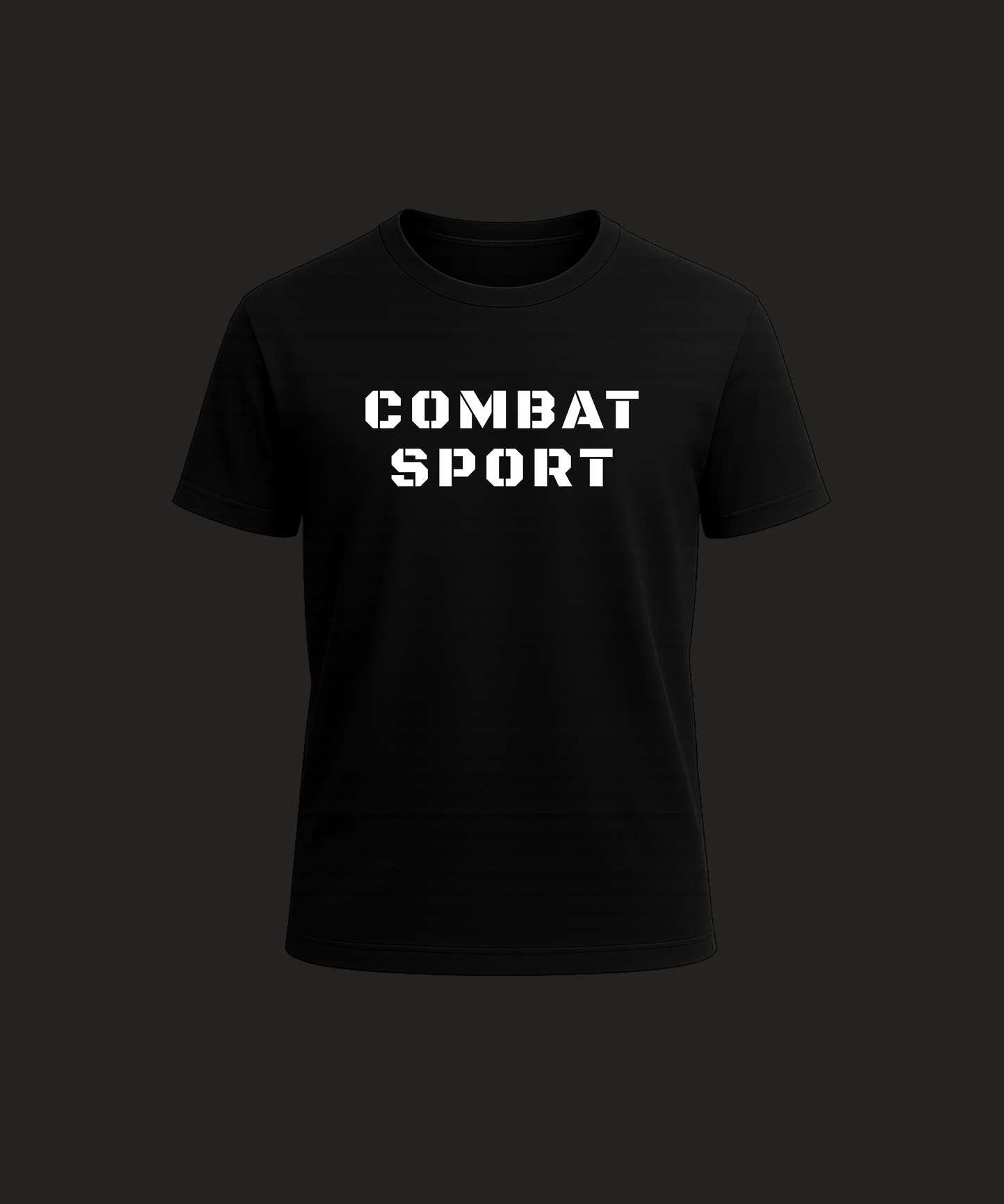 Black t-shirt with 'COMBAT SPORT' text on a black background