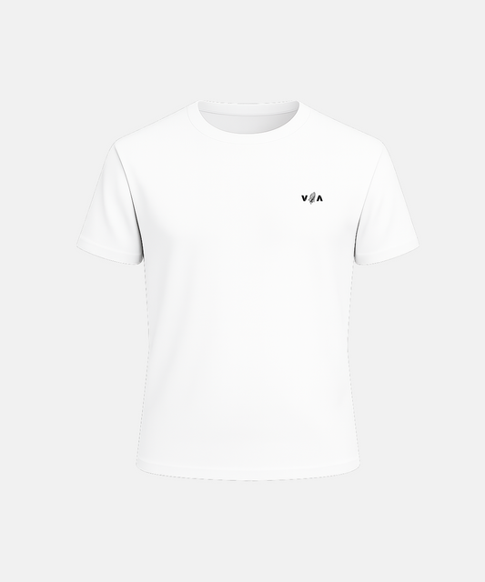 White t-shirt with a small logo on a white background