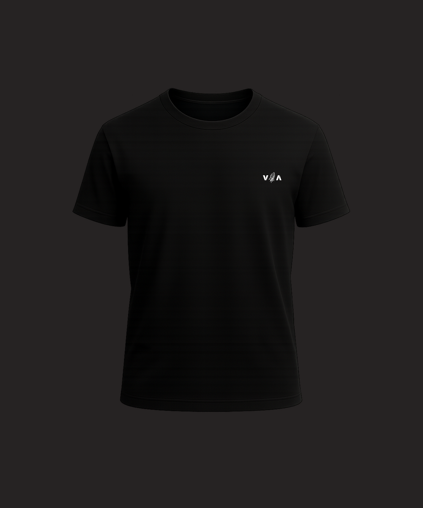 Black t-shirt with a small logo on a black background