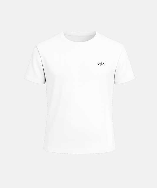 White t-shirt with a small logo on a white background