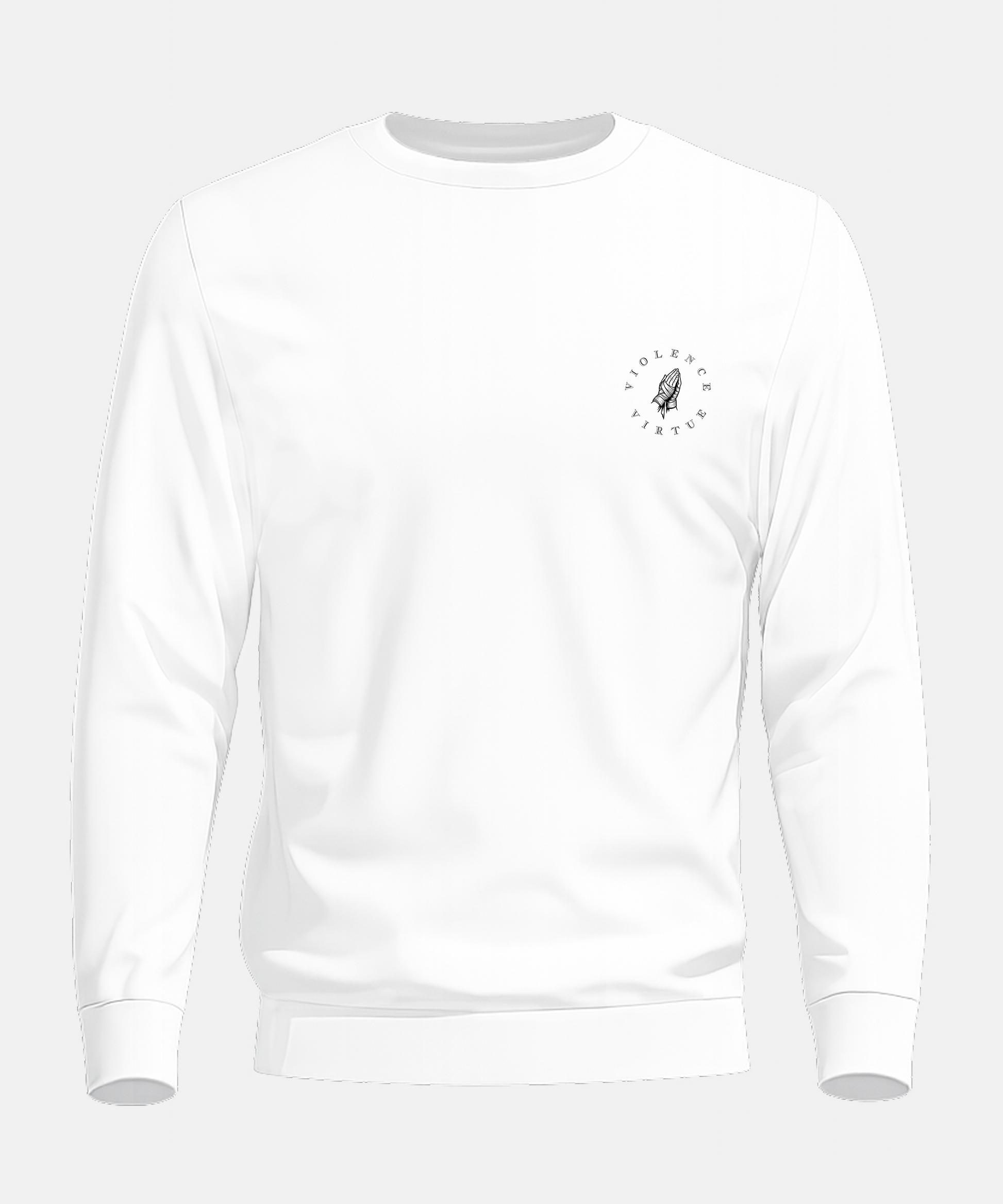 White sweatshirt with a small logo on a light gray background