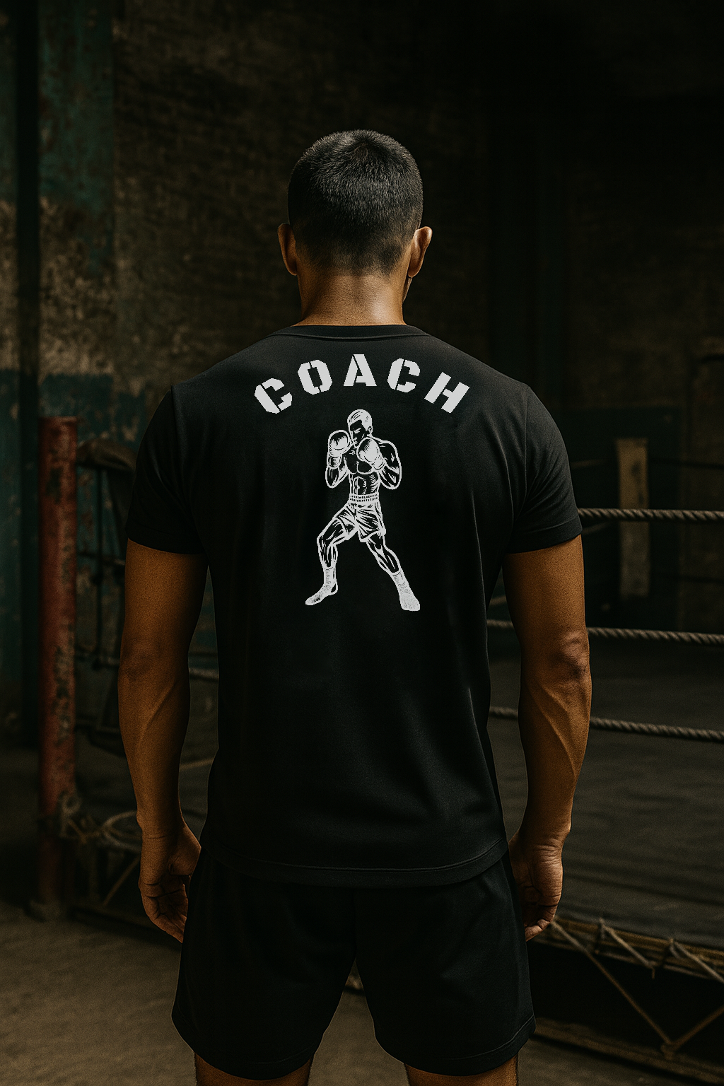 Person wearing a black 'COACH' t-shirt with a boxing graphic in a dark, possibly indoor setting.