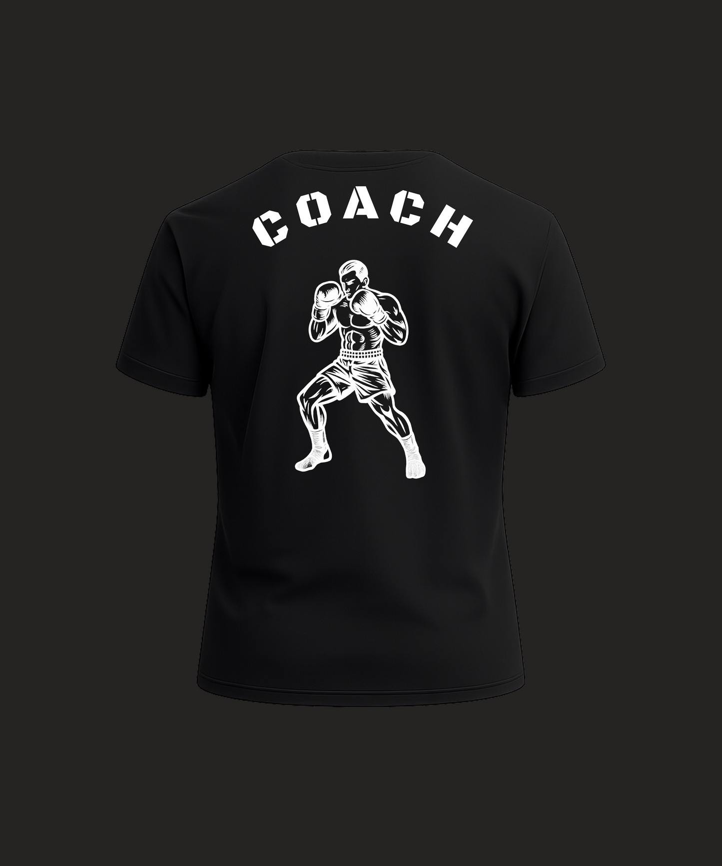 Black t-shirt with 'COACH' and boxing graphic on a dark background