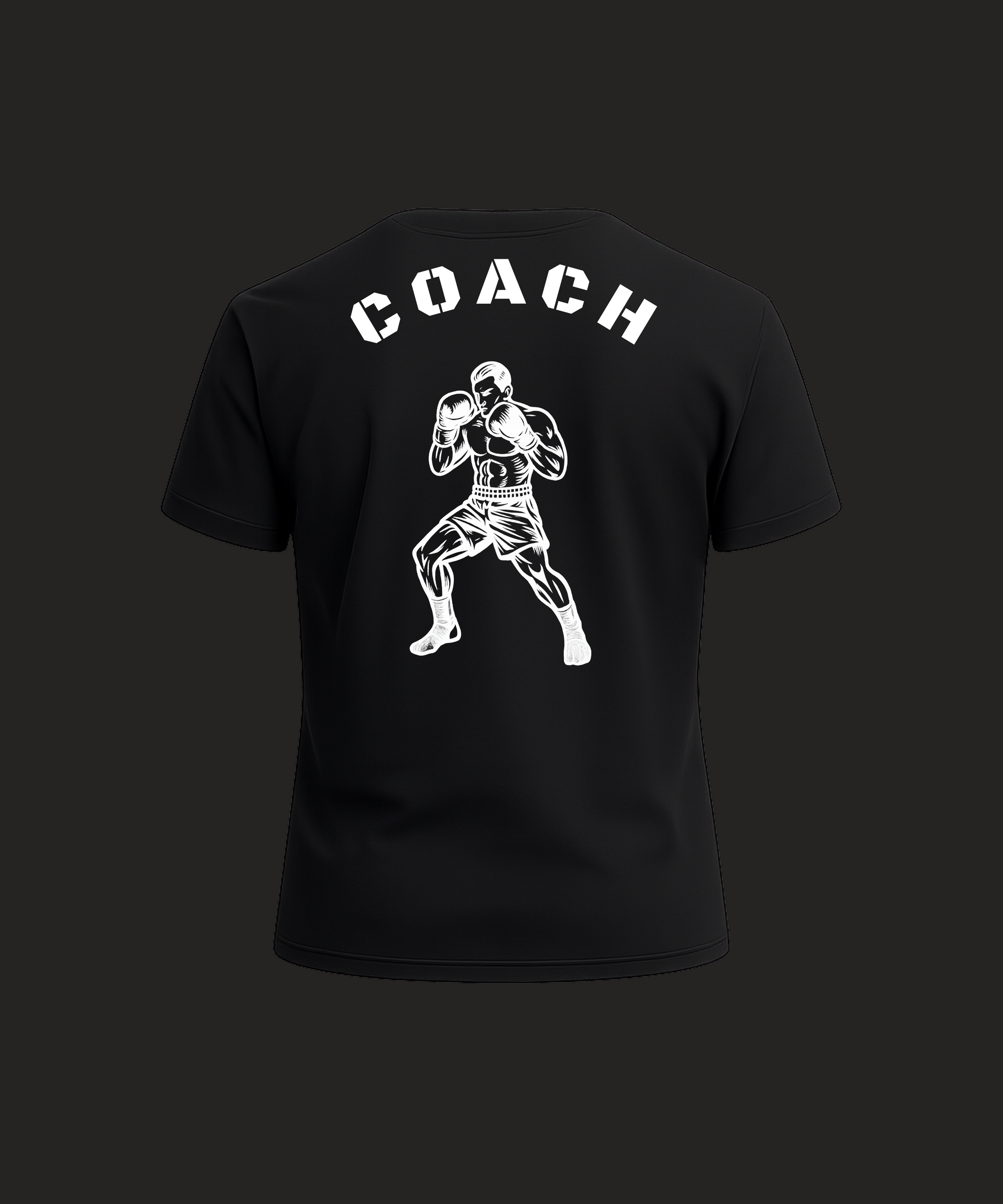 Black t-shirt with 'COACH' and boxing graphic on a dark background