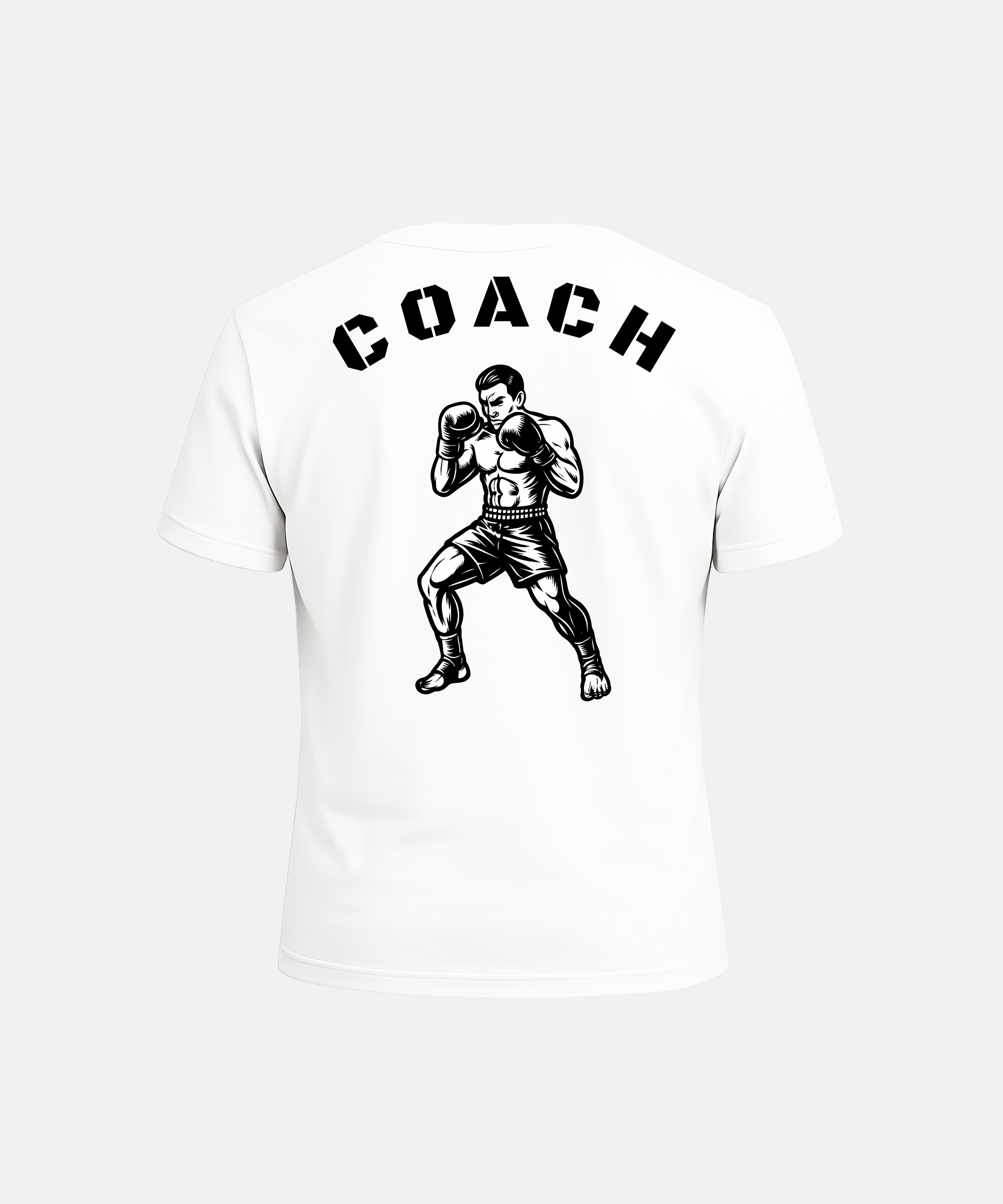 White t-shirt with a black boxing illustration and 'COACH' text on a white background