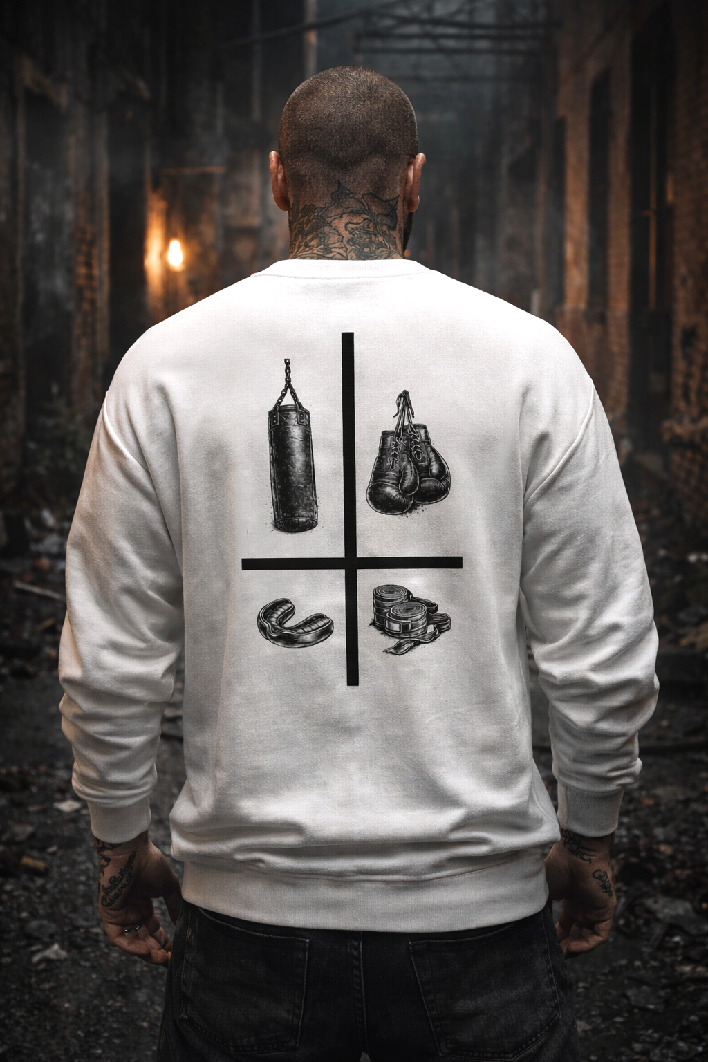 Person wearing a white sweatshirt with black graphics on the back in a dark, possibly industrial setting.