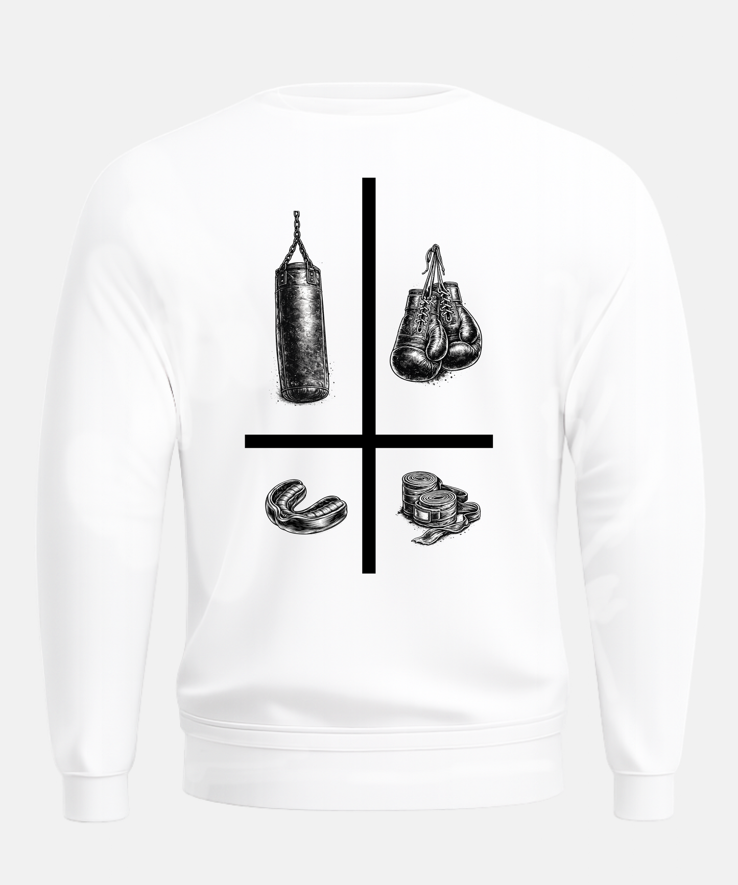 White sweatshirt with black boxing-themed graphic on a white background