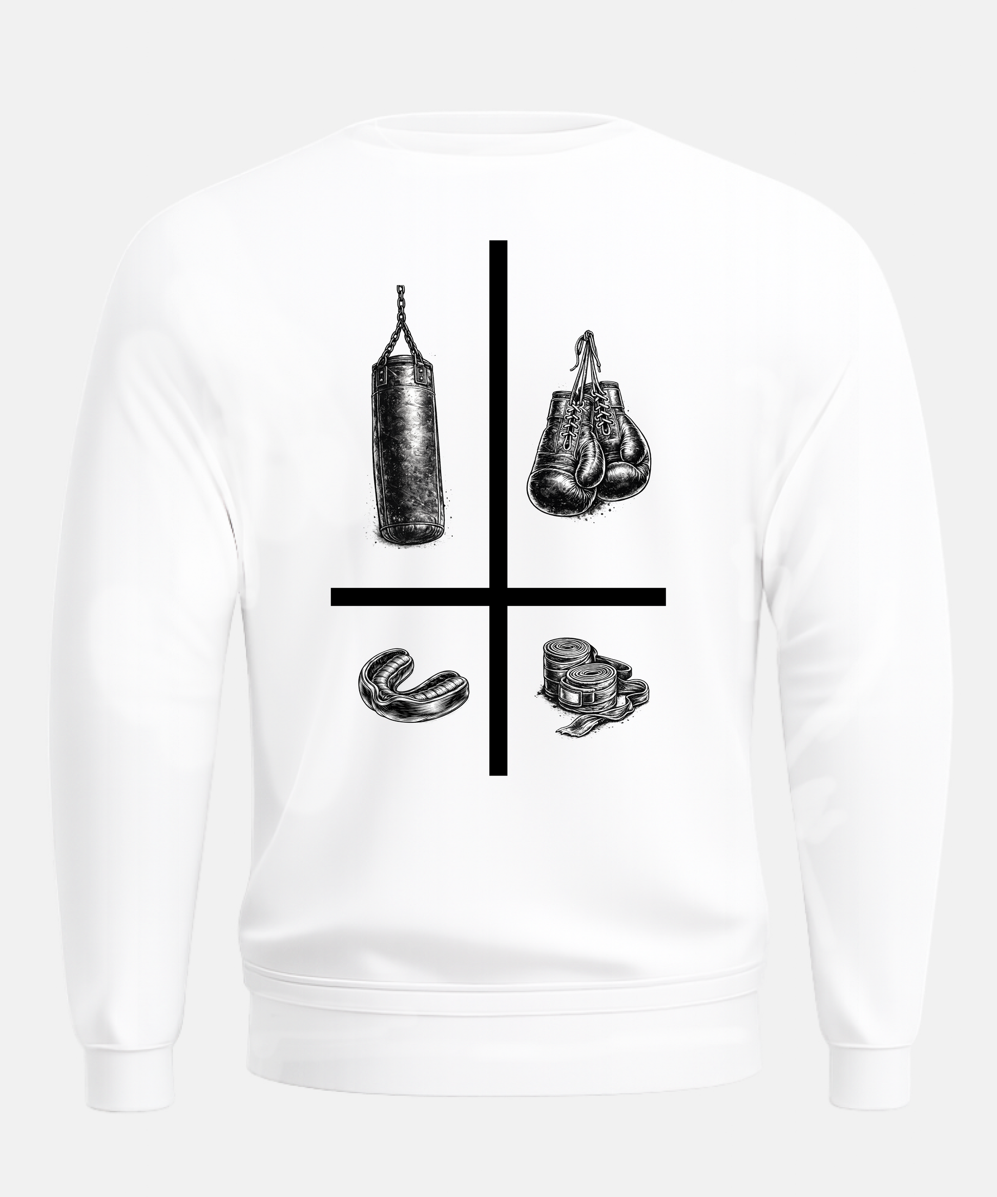 White sweatshirt with black boxing-themed graphic on a white background