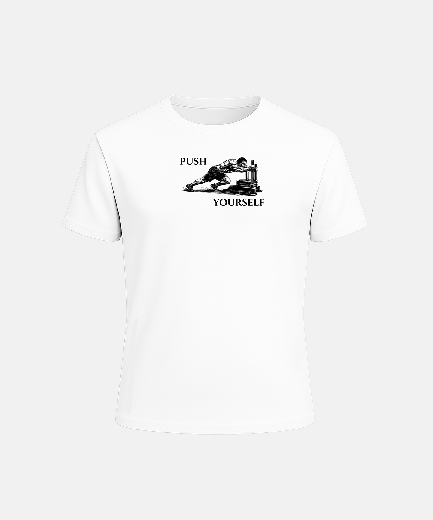 White t-shirt with black graphic and 'Push Yourself' text on a white background