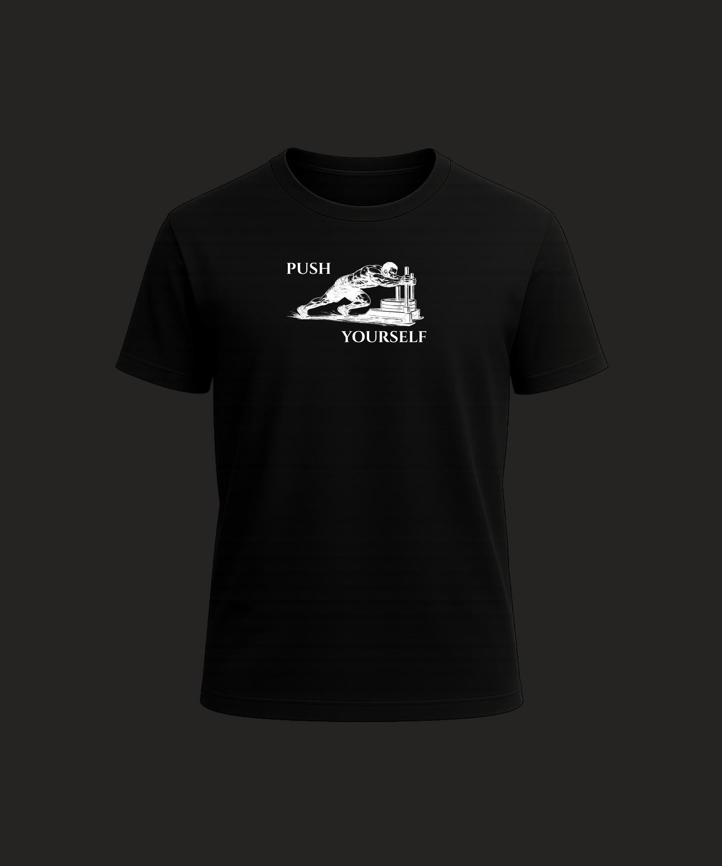 Black t-shirt with 'Push Yourself' graphic on a black background