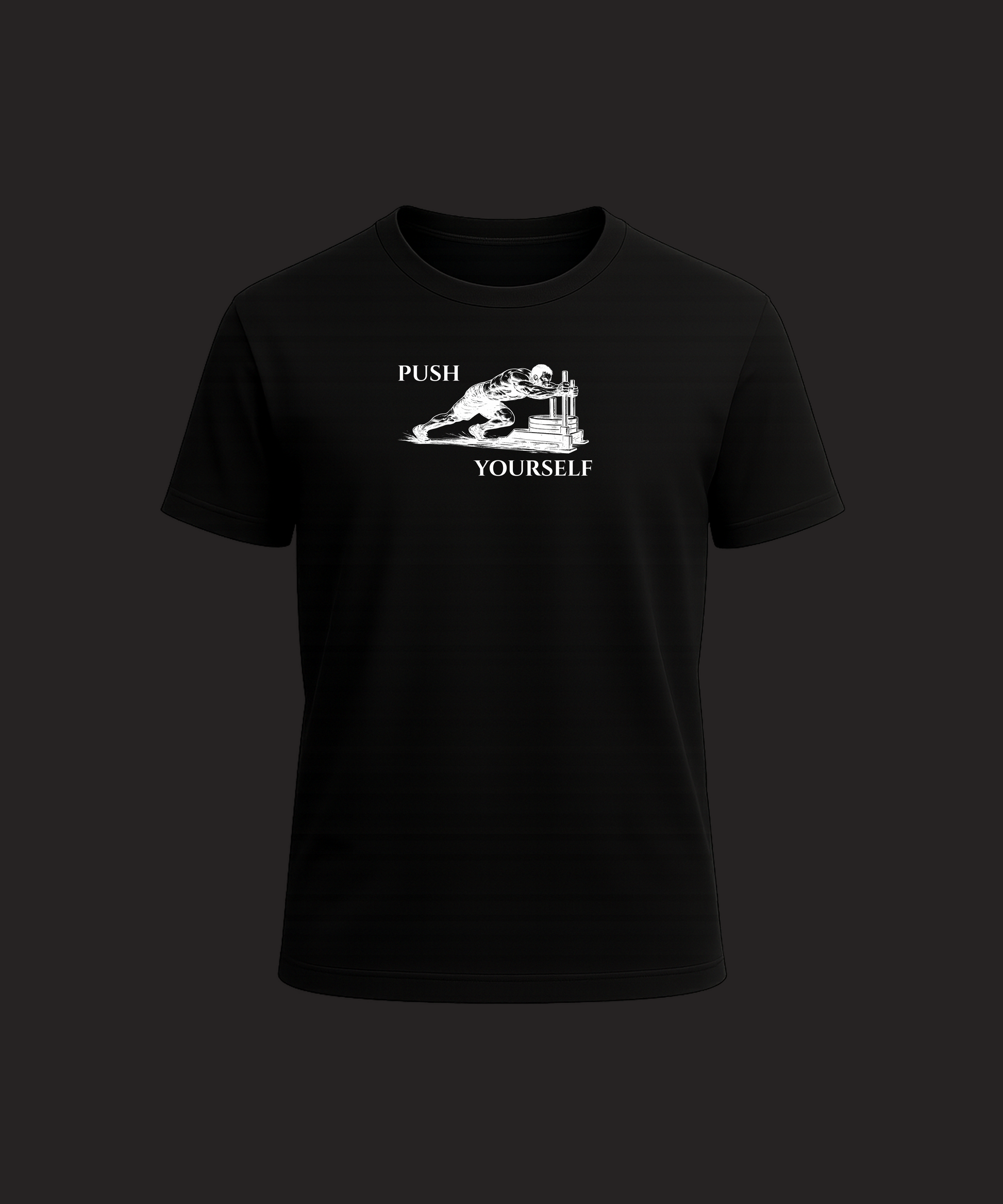 Black t-shirt with 'Push Yourself' graphic on a black background