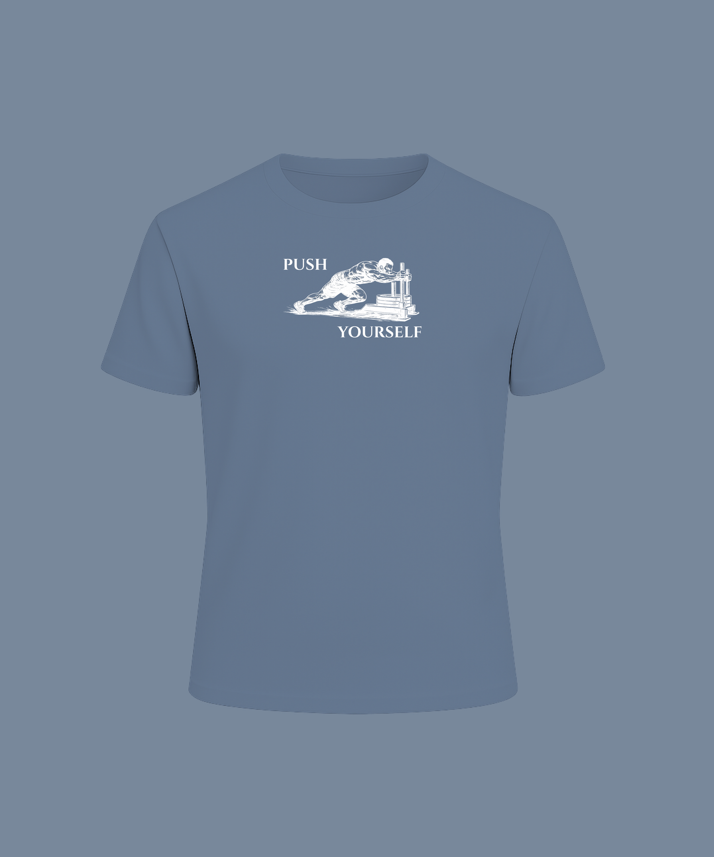 Blue t-shirt with white graphic and text on a solid background