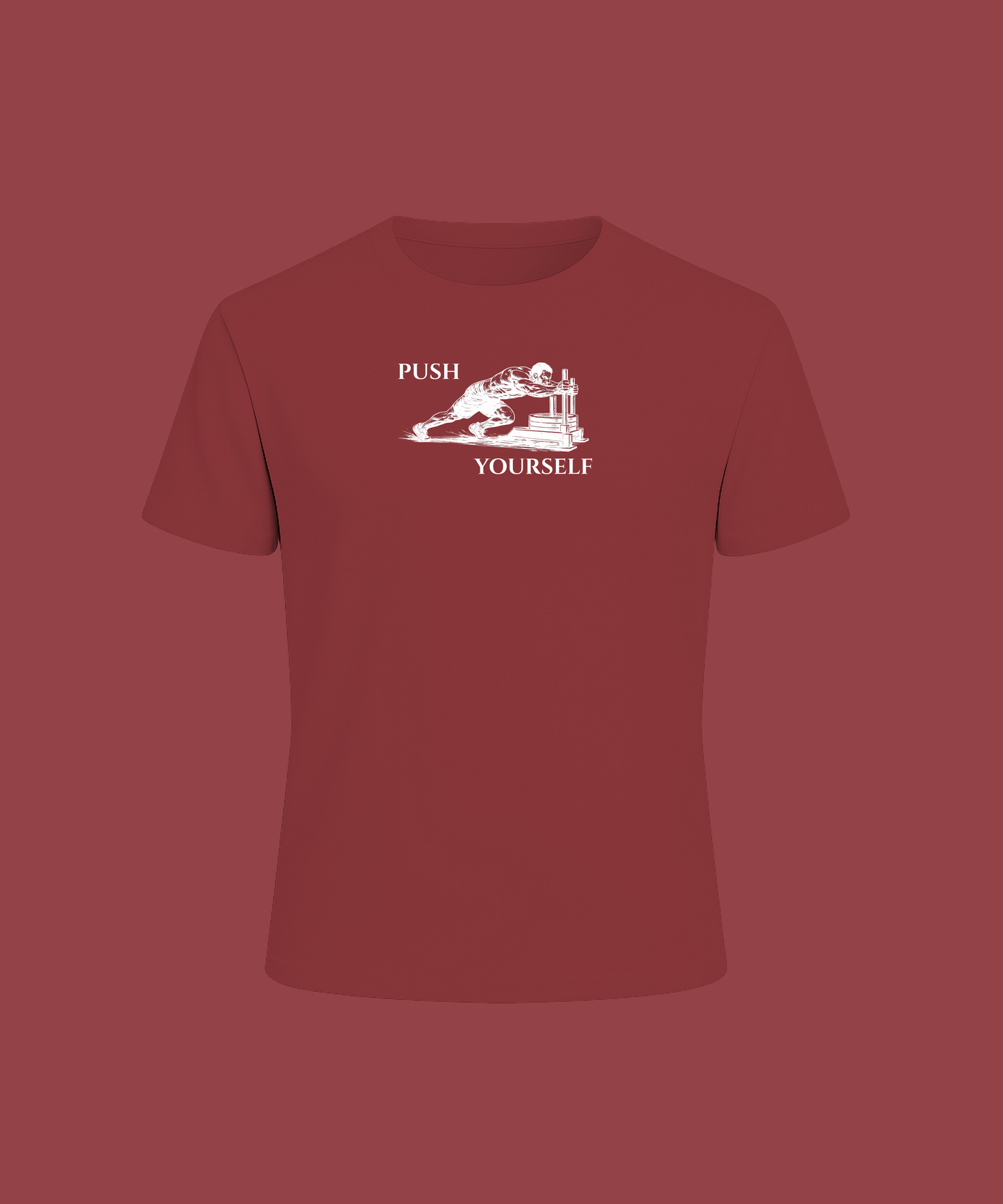 Maroon t-shirt with white graphic and text on a matching background