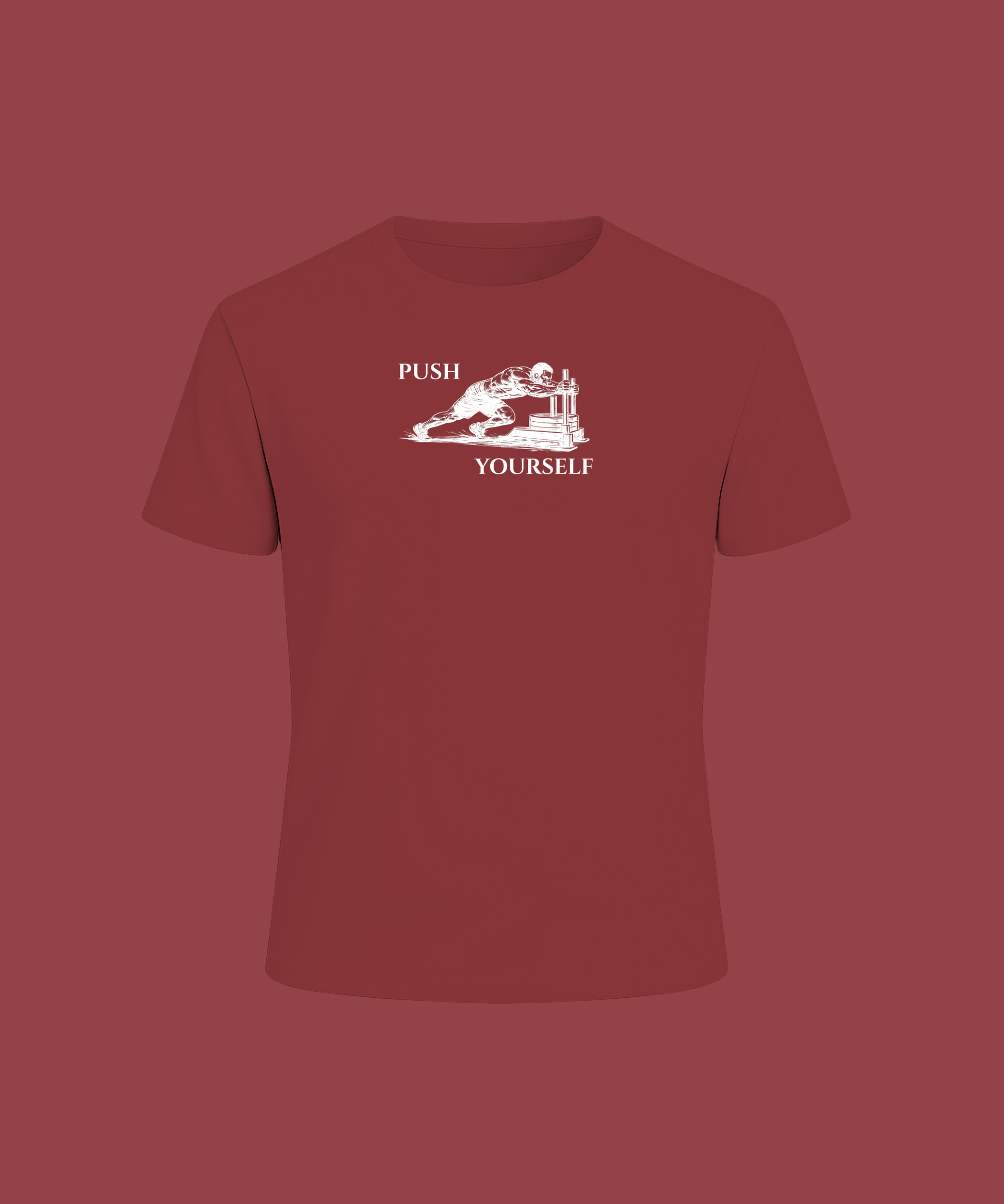 Maroon t-shirt with white graphic and text on a matching background