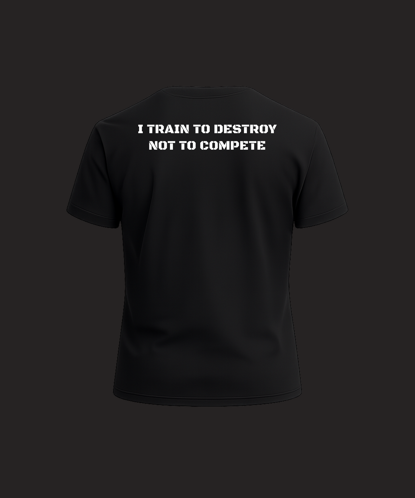 Black t-shirt with white text on a black background