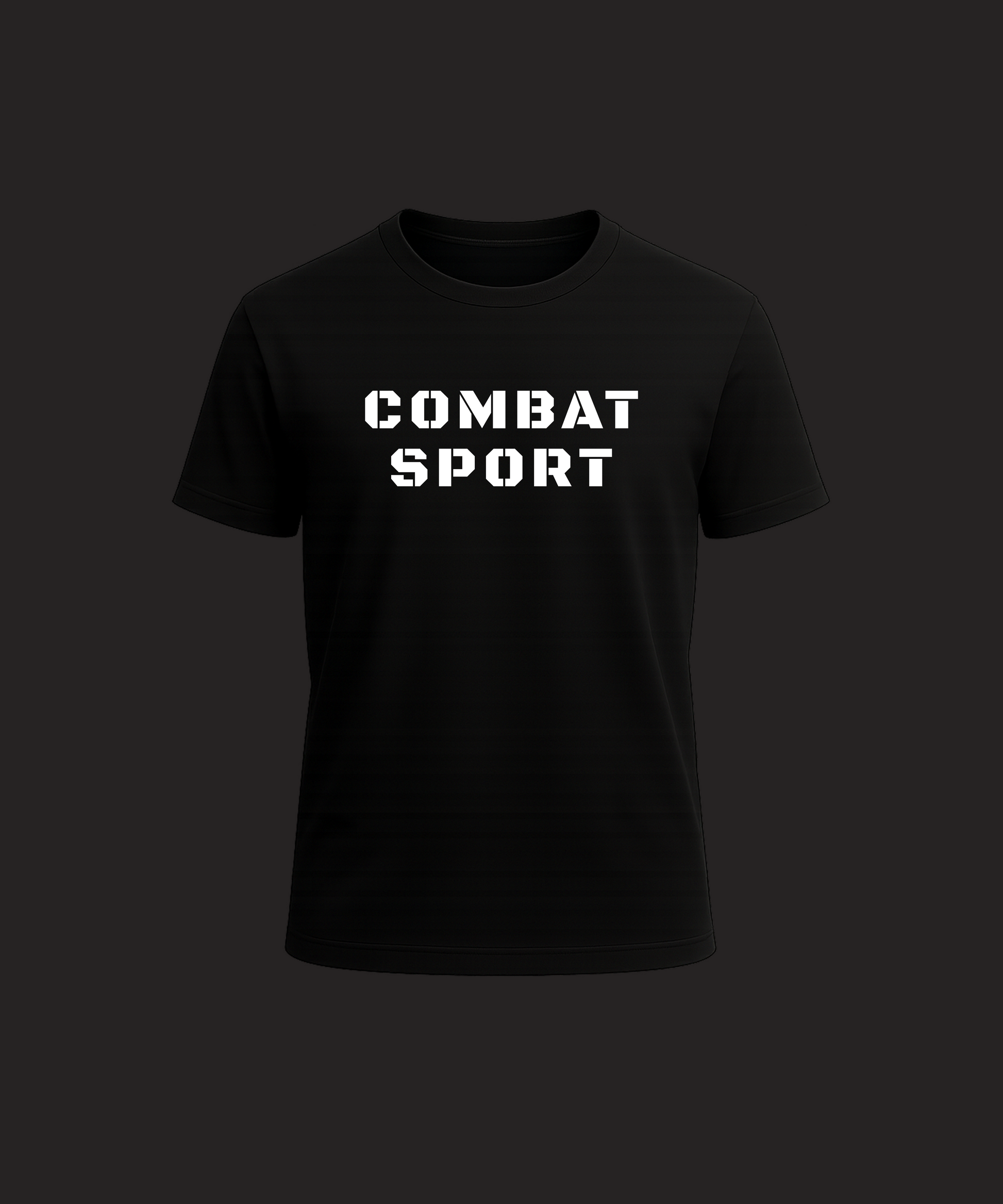 Black t-shirt with 'COMBAT SPORT' text on a black background