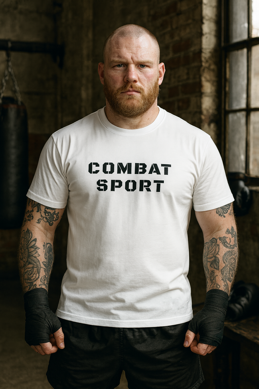 Man wearing a white 'COMBAT SPORT' t-shirt in a gym setting