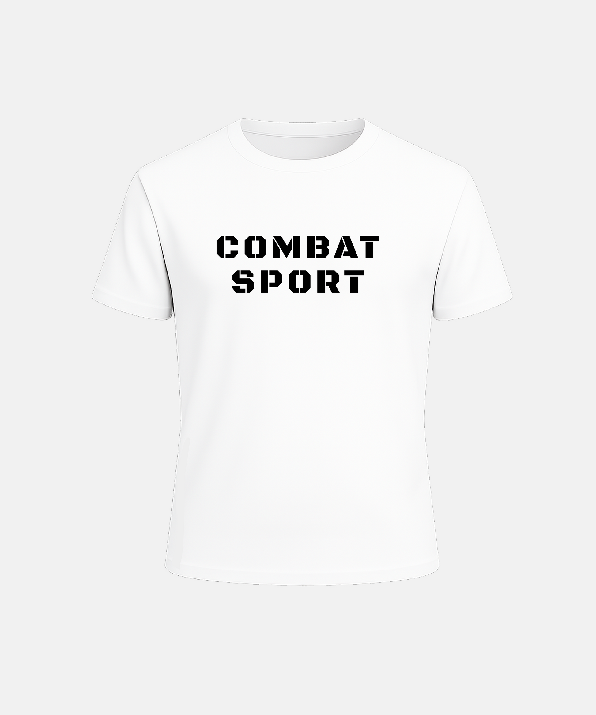 White t-shirt with 'COMBAT SPORT' text on a white background