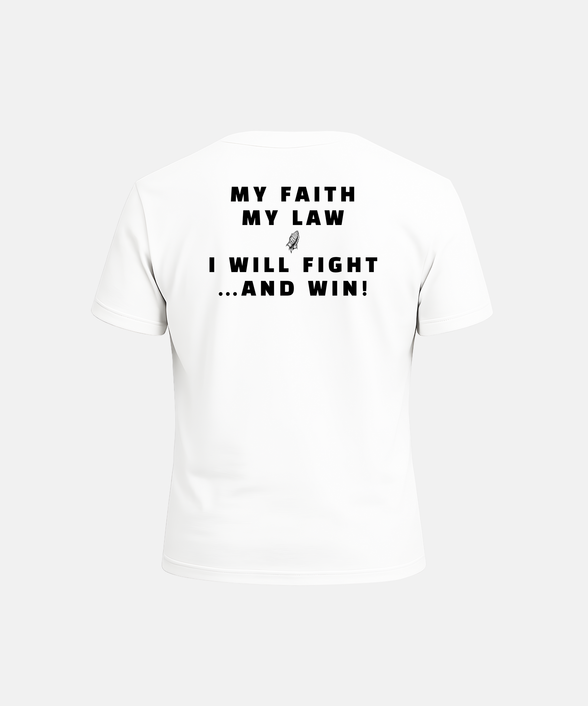 White t-shirt with black text on a white background