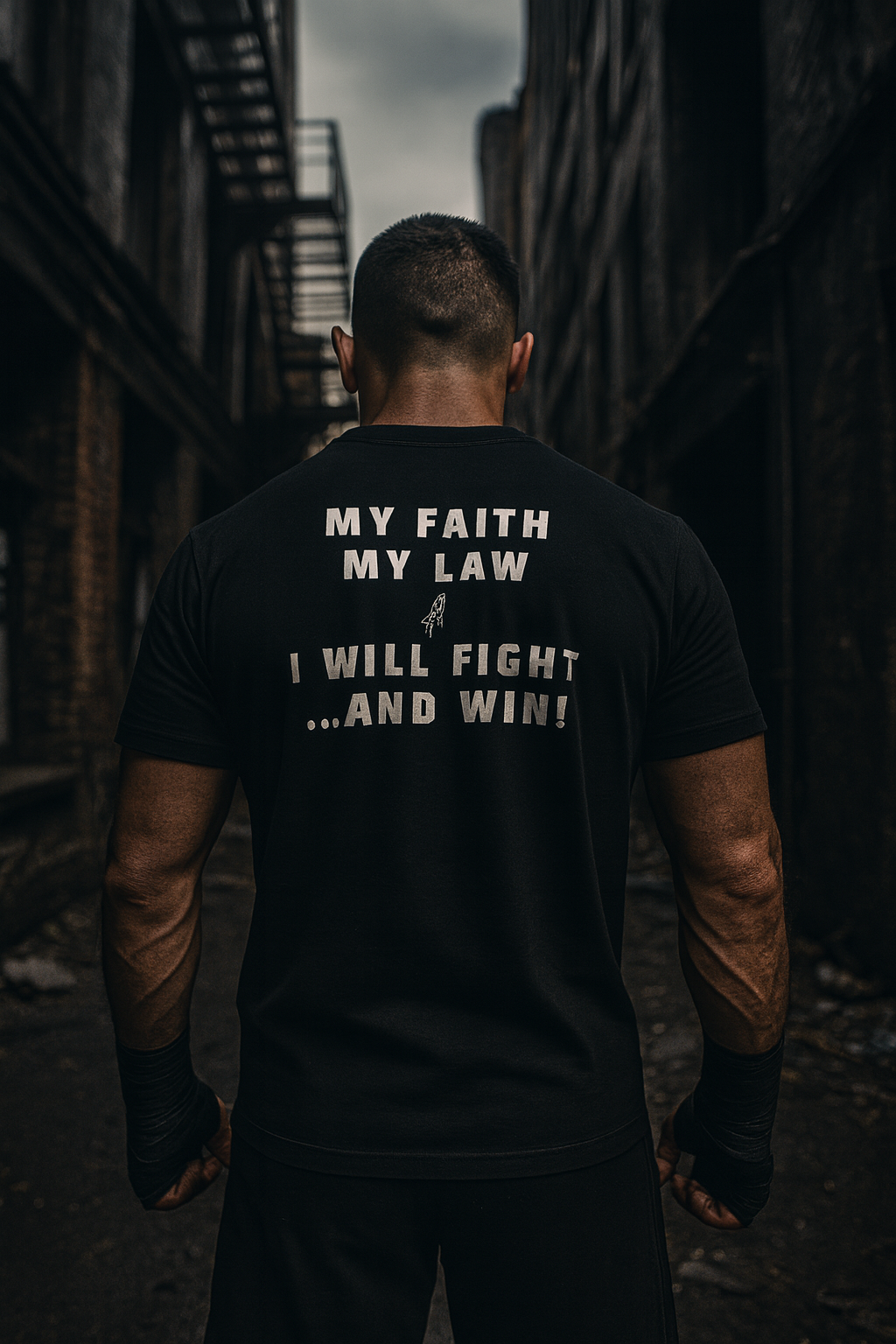 Person wearing a black t-shirt with a motivational quote in a dark, industrial setting