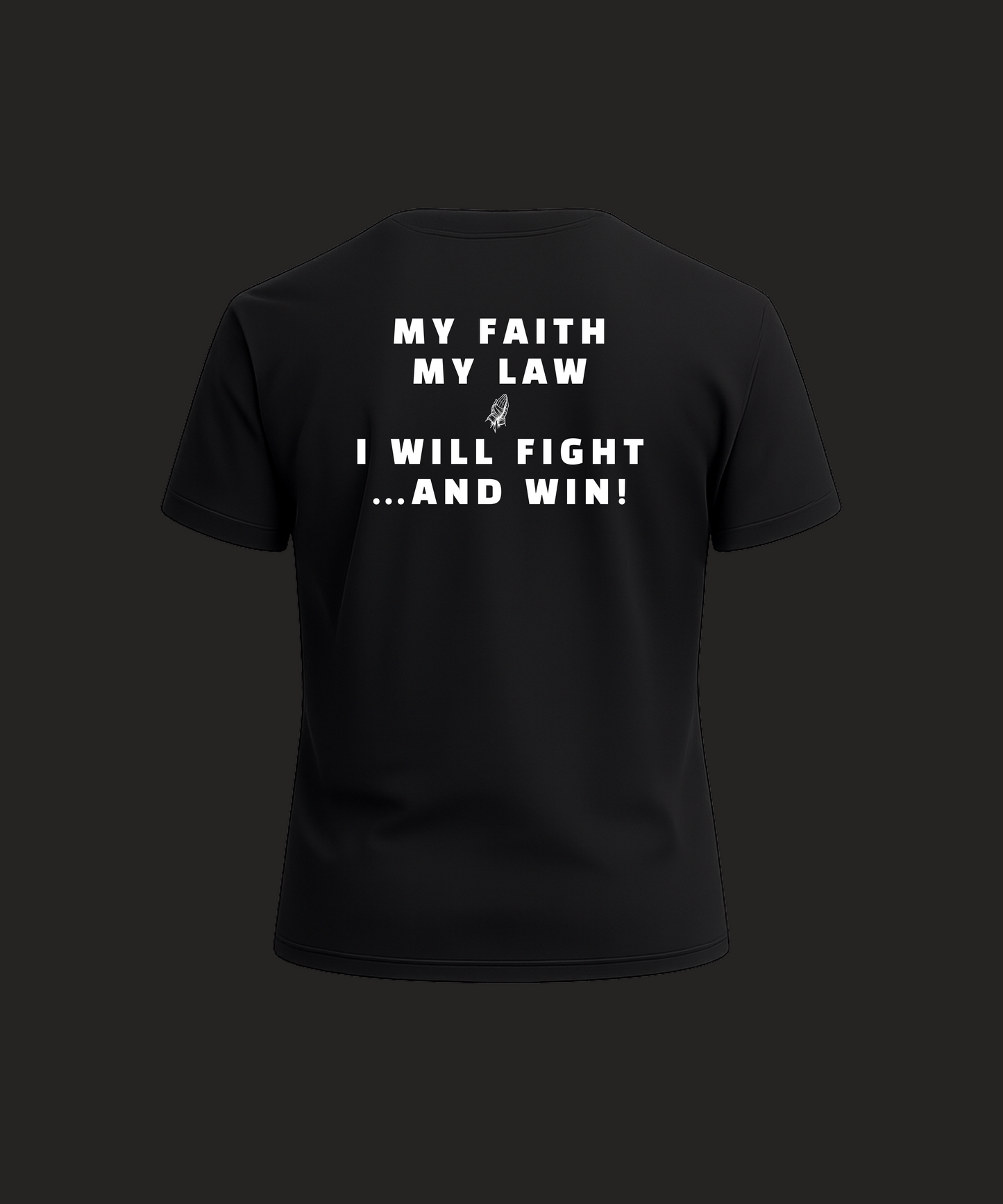 Black t-shirt with white text on a dark background