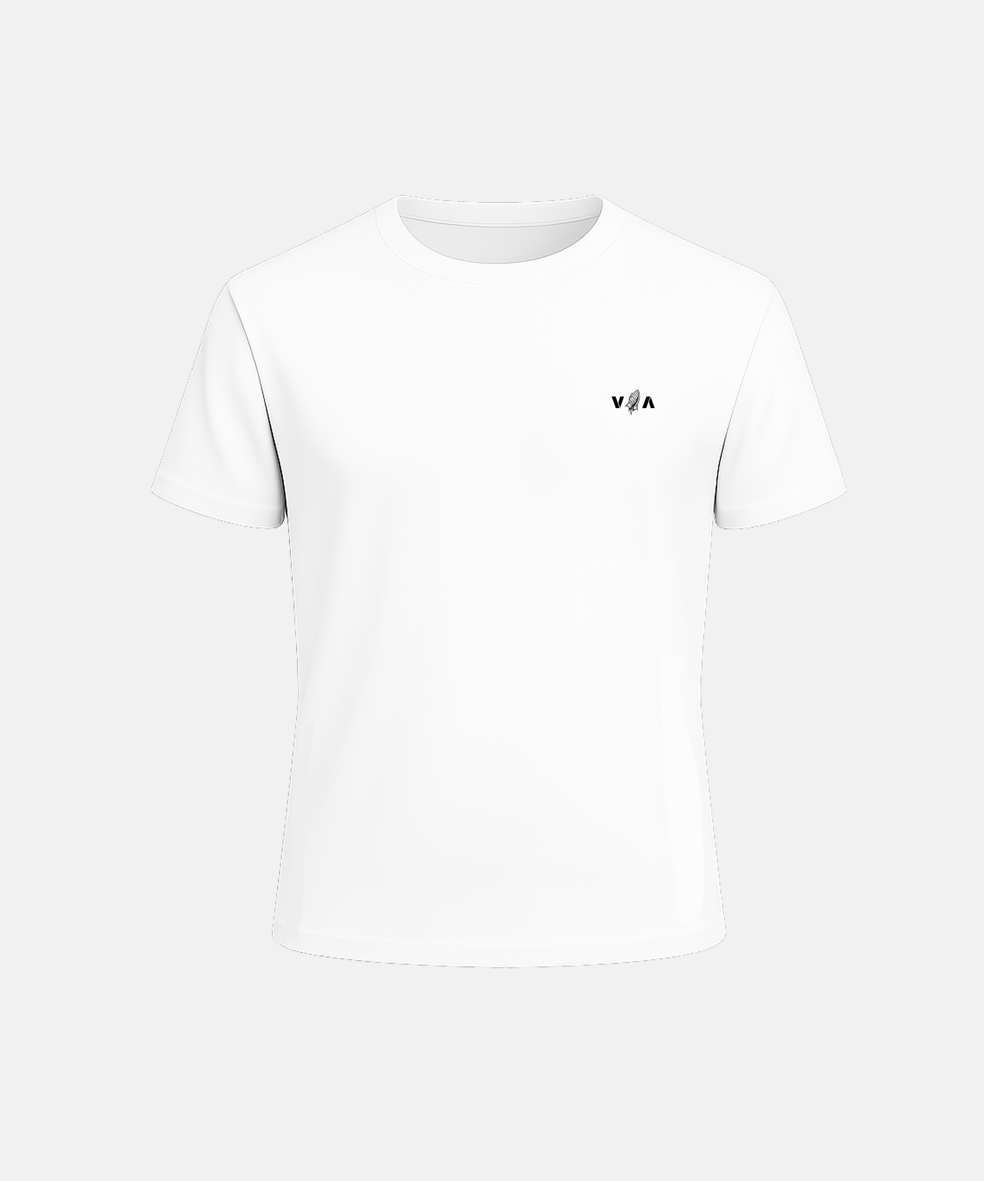 White t-shirt with a small logo on a white background