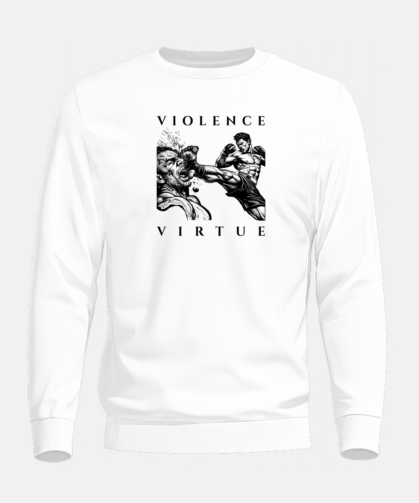 White sweatshirt with 'Violence' and 'Virtue' graphic design on a white background