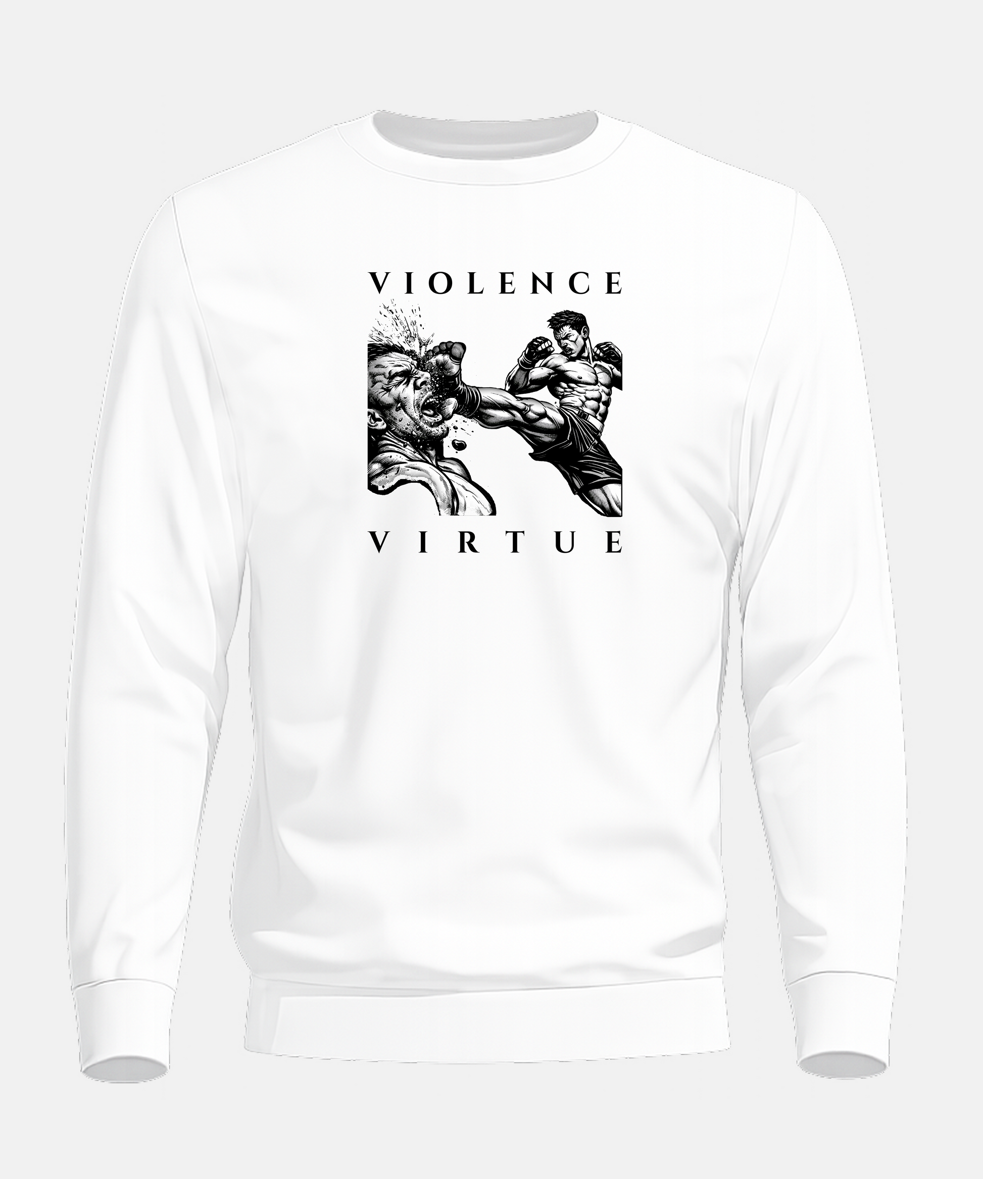 White sweatshirt with 'Violence' and 'Virtue' graphic design on a white background