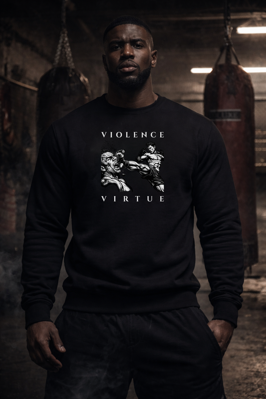 Person wearing a black sweatshirt with 'Violence Virtue' graphic in a boxing gym.