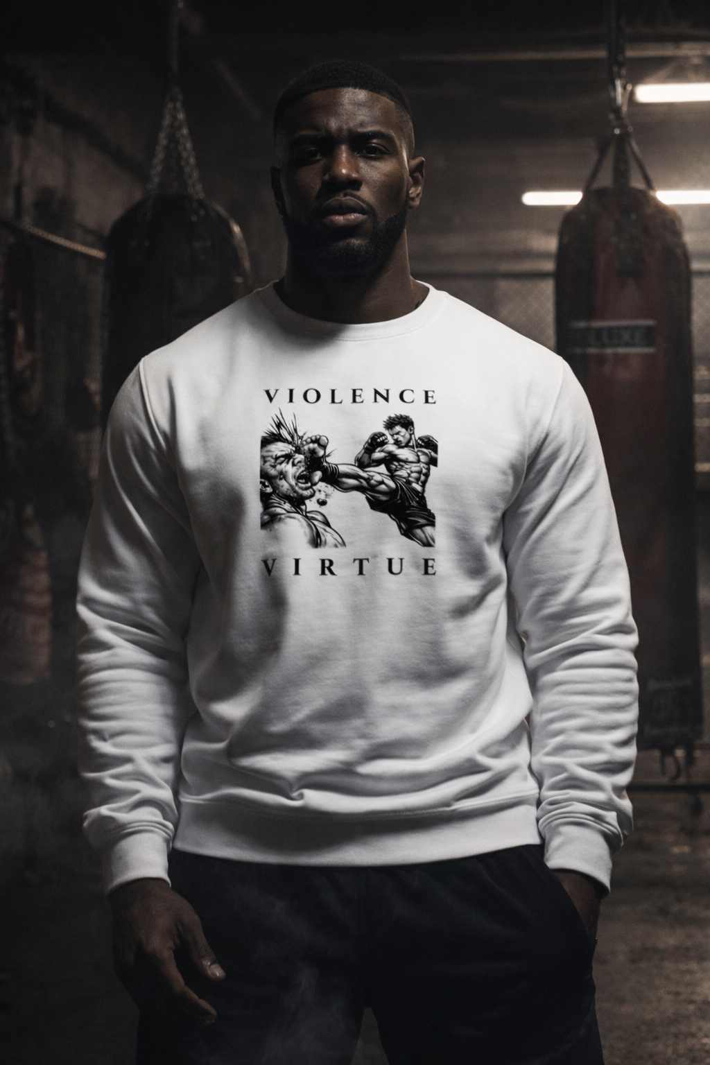 Man wearing a white sweatshirt with 'Violence' and 'Virtue' graphic in a boxing gym.