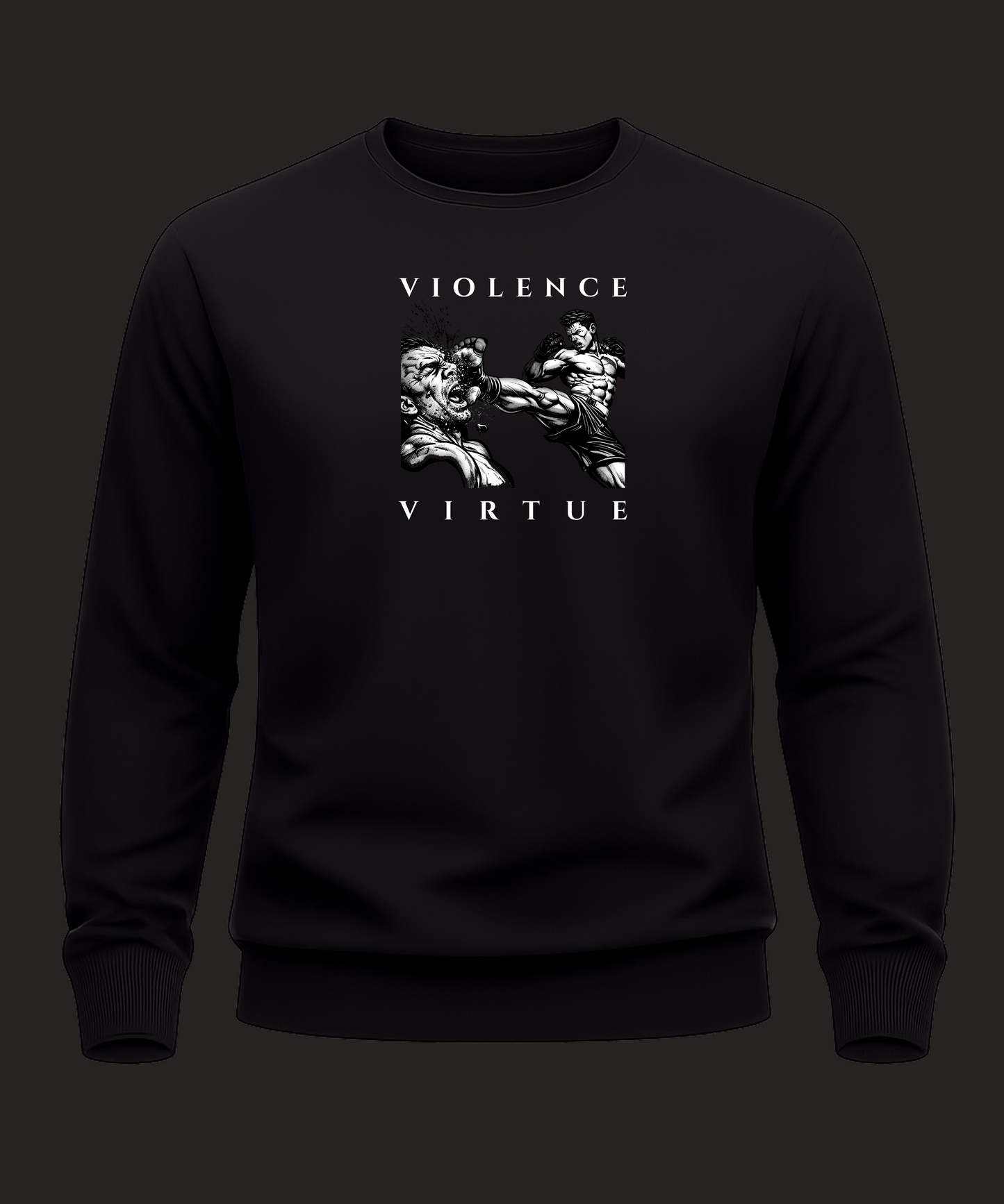 Black sweatshirt with 'Violence Virtue' graphic design on a plain background