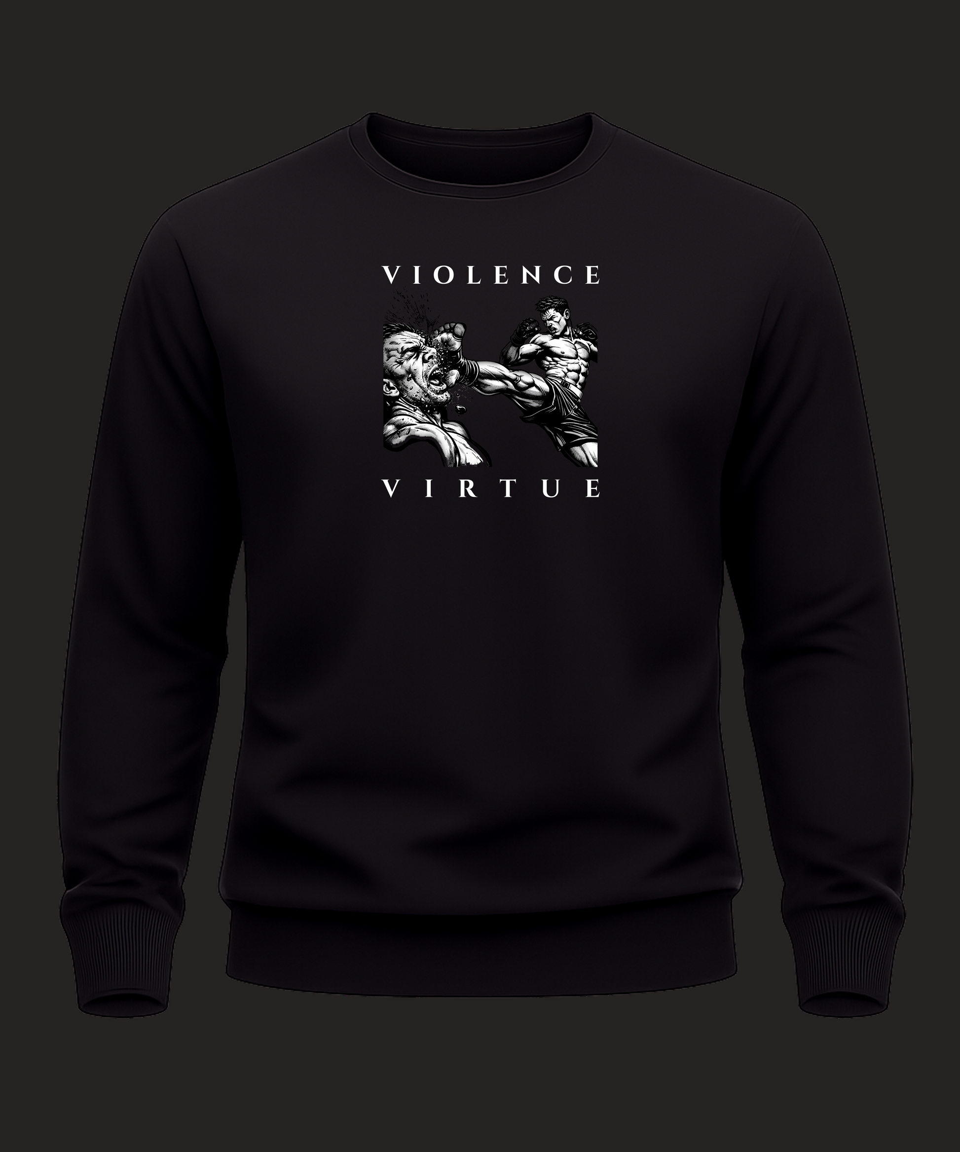 Black sweatshirt with 'Violence Virtue' graphic design on a plain background
