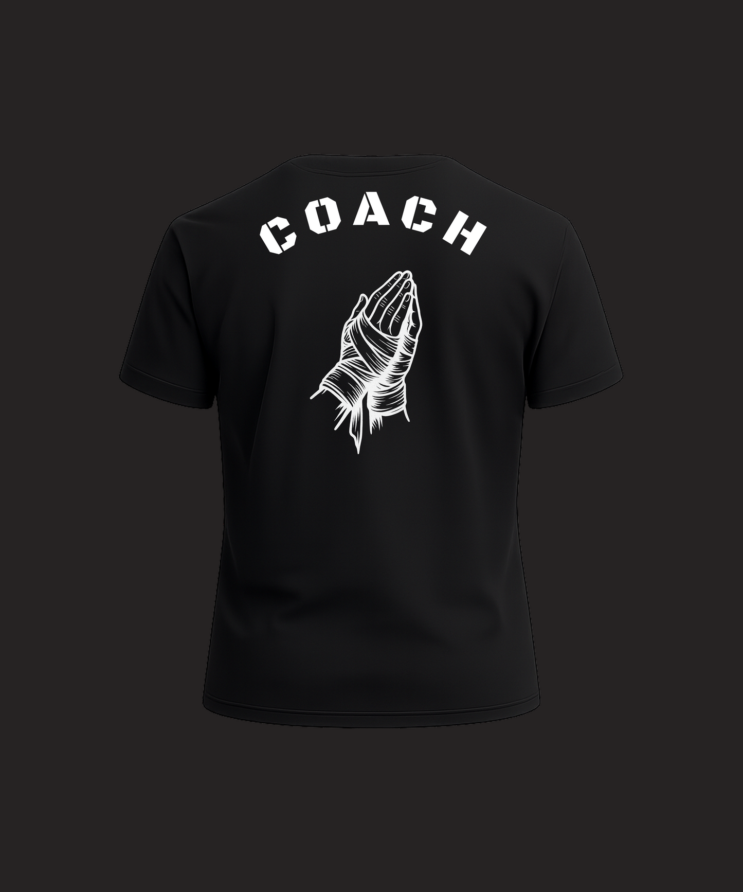 Black t-shirt with 'COACH' and a hand graphic on the back against a black background