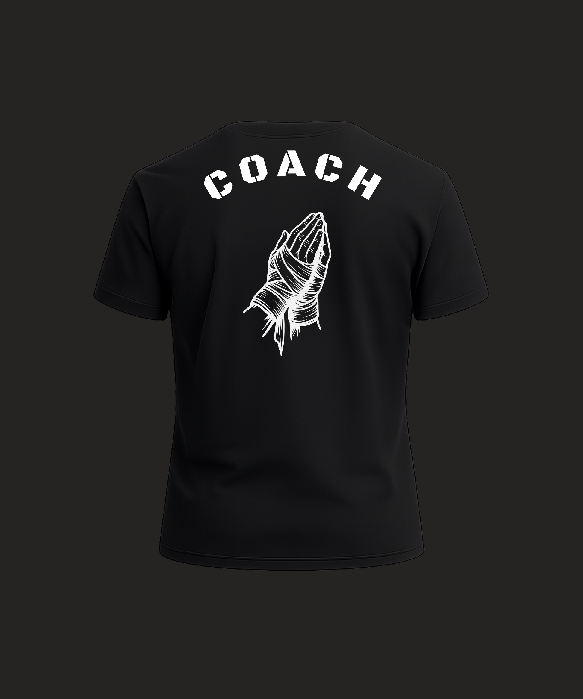Black t-shirt with 'COACH' and a hand graphic on the back against a black background