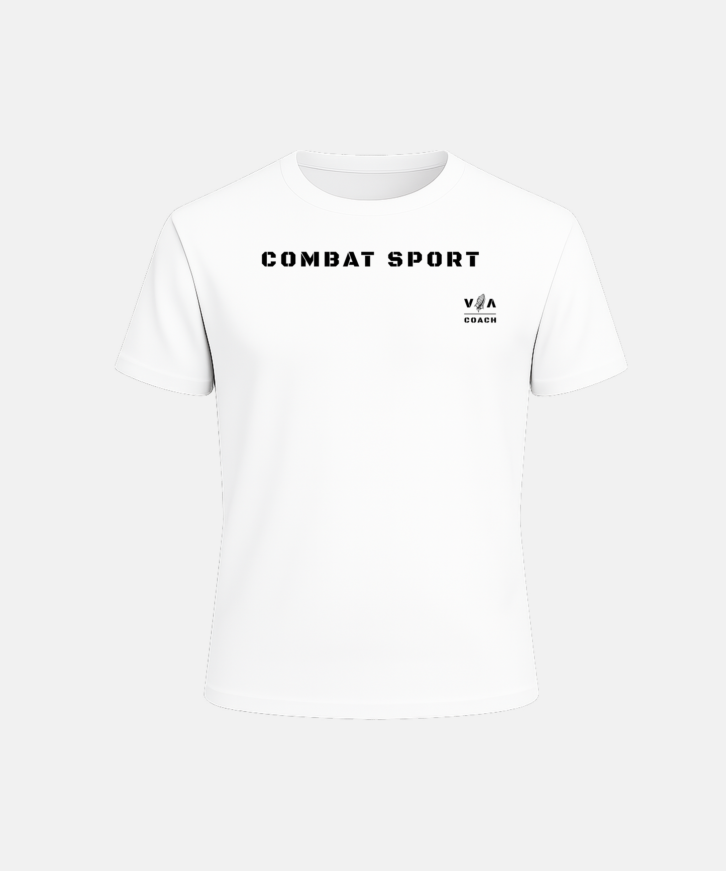 White t-shirt with 'Combat Sport' text on a white background