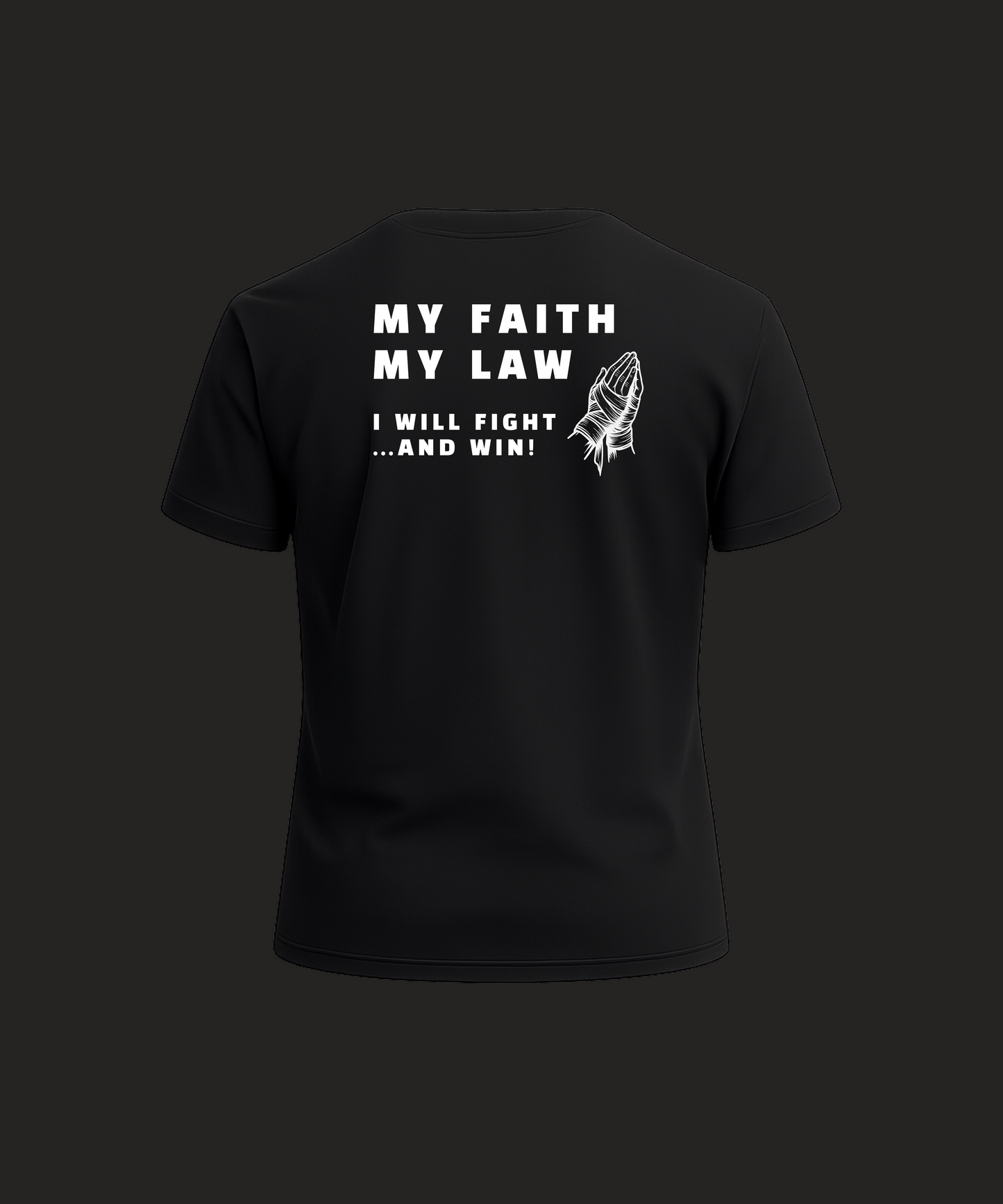 Black t-shirt with white text and design on a dark background