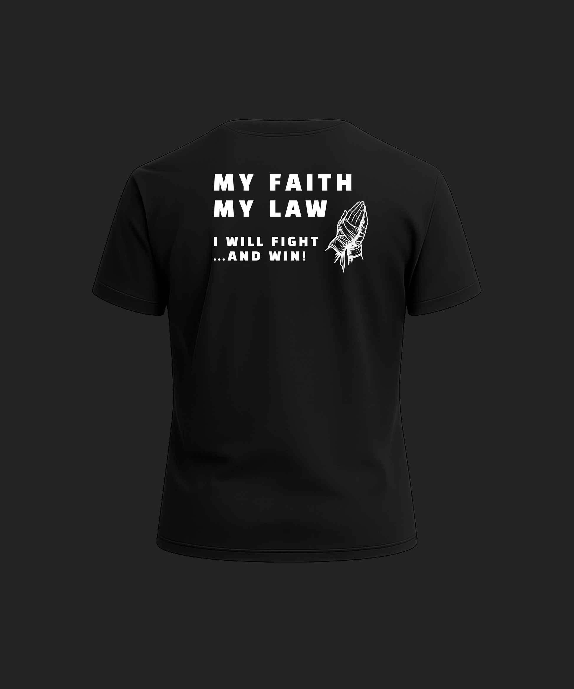 Black t-shirt with white text and design on a dark background