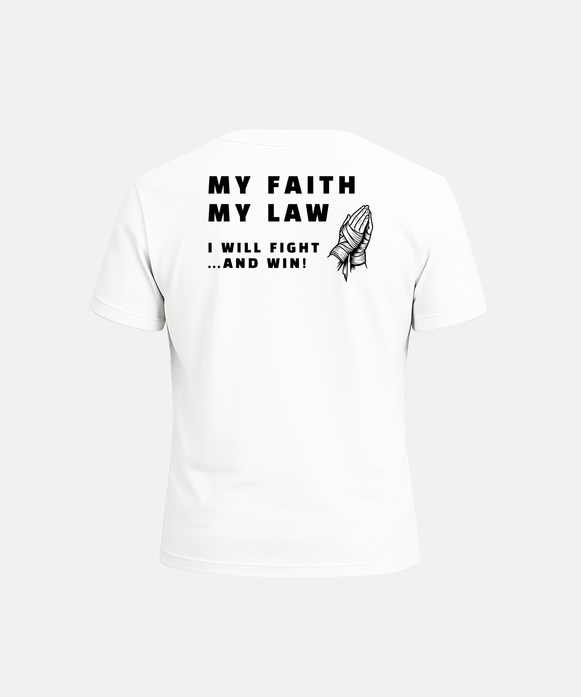 White t-shirt with black text and hand graphic on a white background