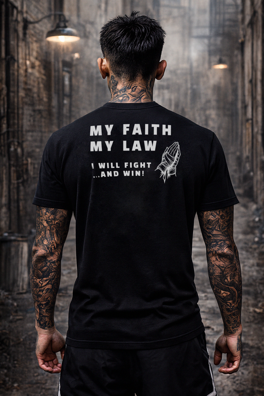Person wearing a black t-shirt with text and a design on the back, standing in an industrial setting.