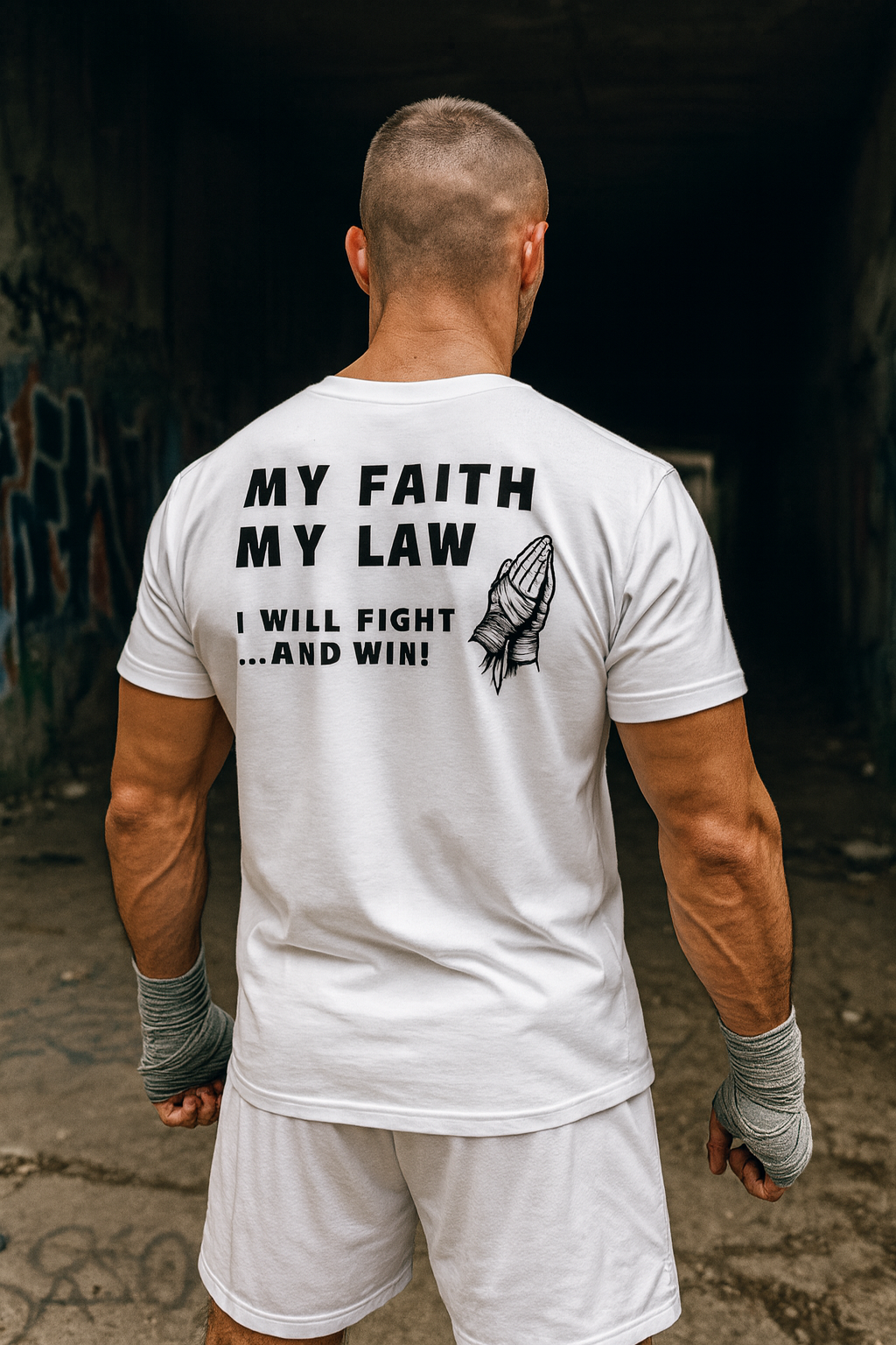 Man wearing a white t-shirt with motivational text and design, standing in an urban setting.