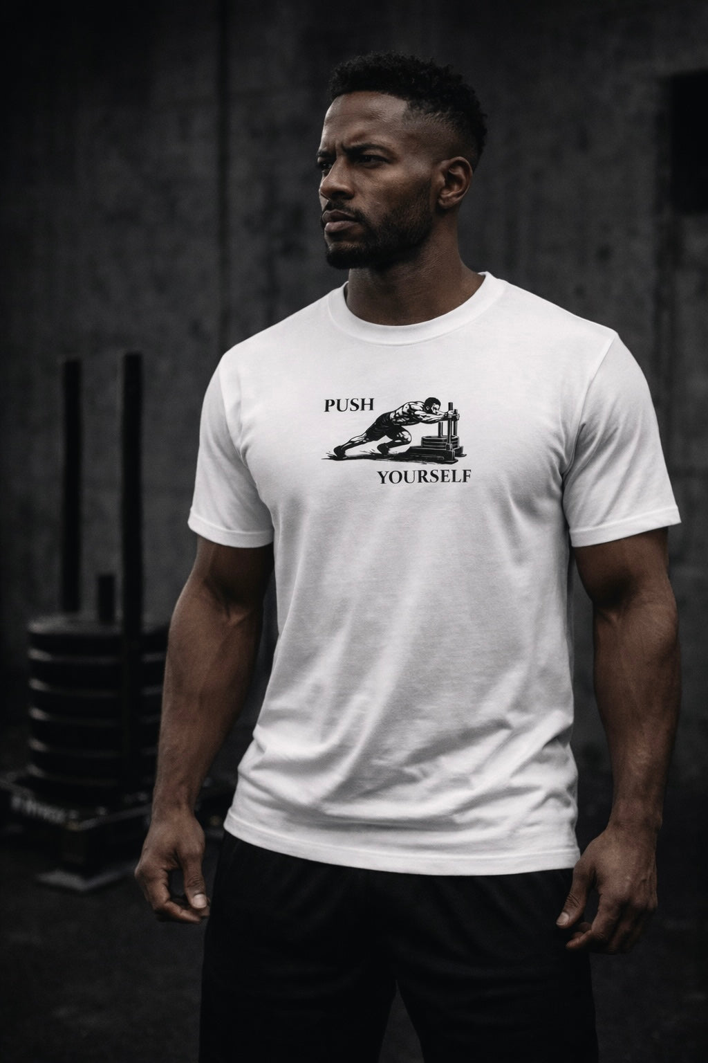 Man wearing a white t-shirt with 'Push Yourself' graphic in a gym setting