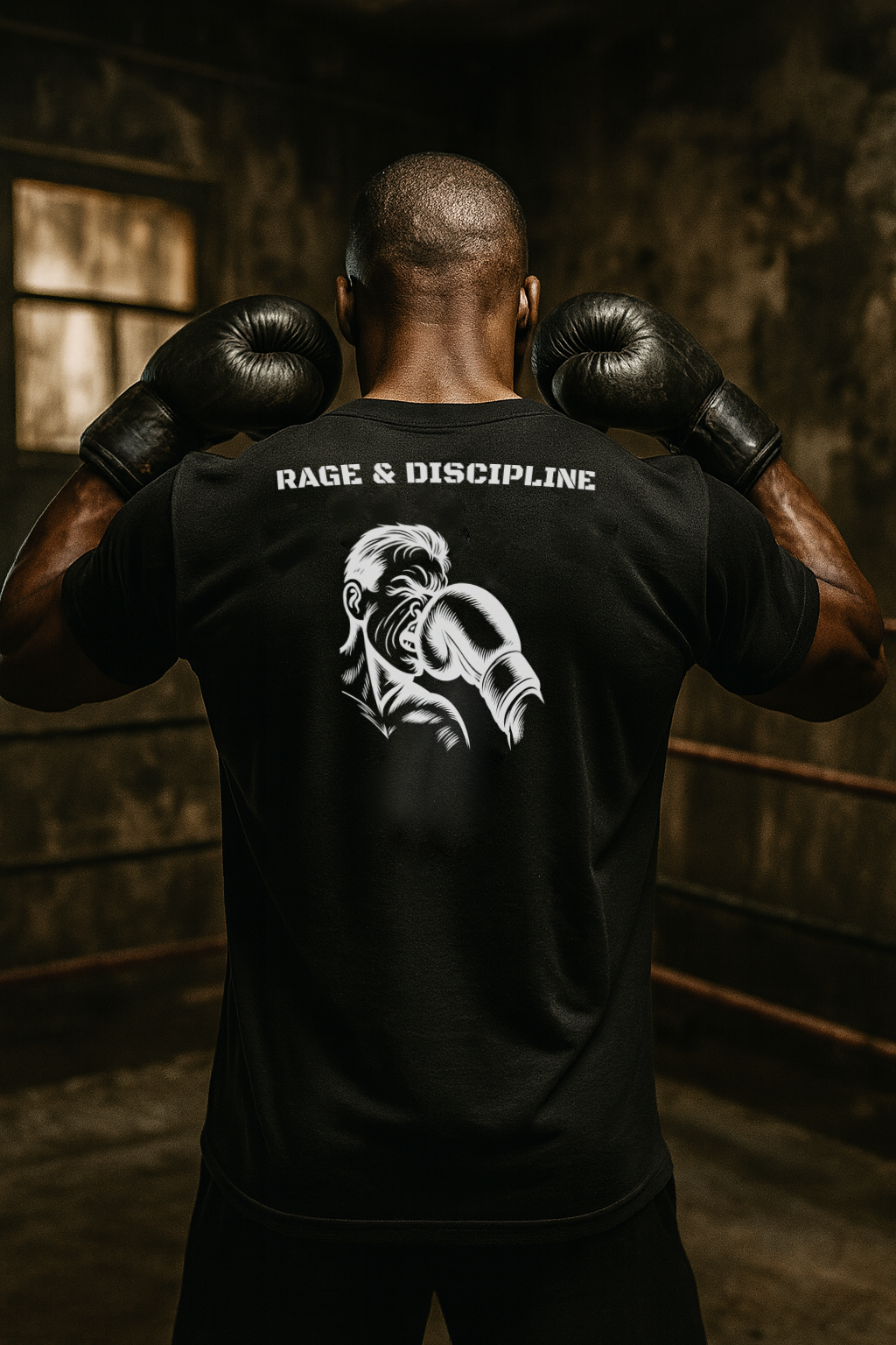 Person wearing a black t-shirt with 'Rage & Discipline' design and boxing gloves in a dark setting.