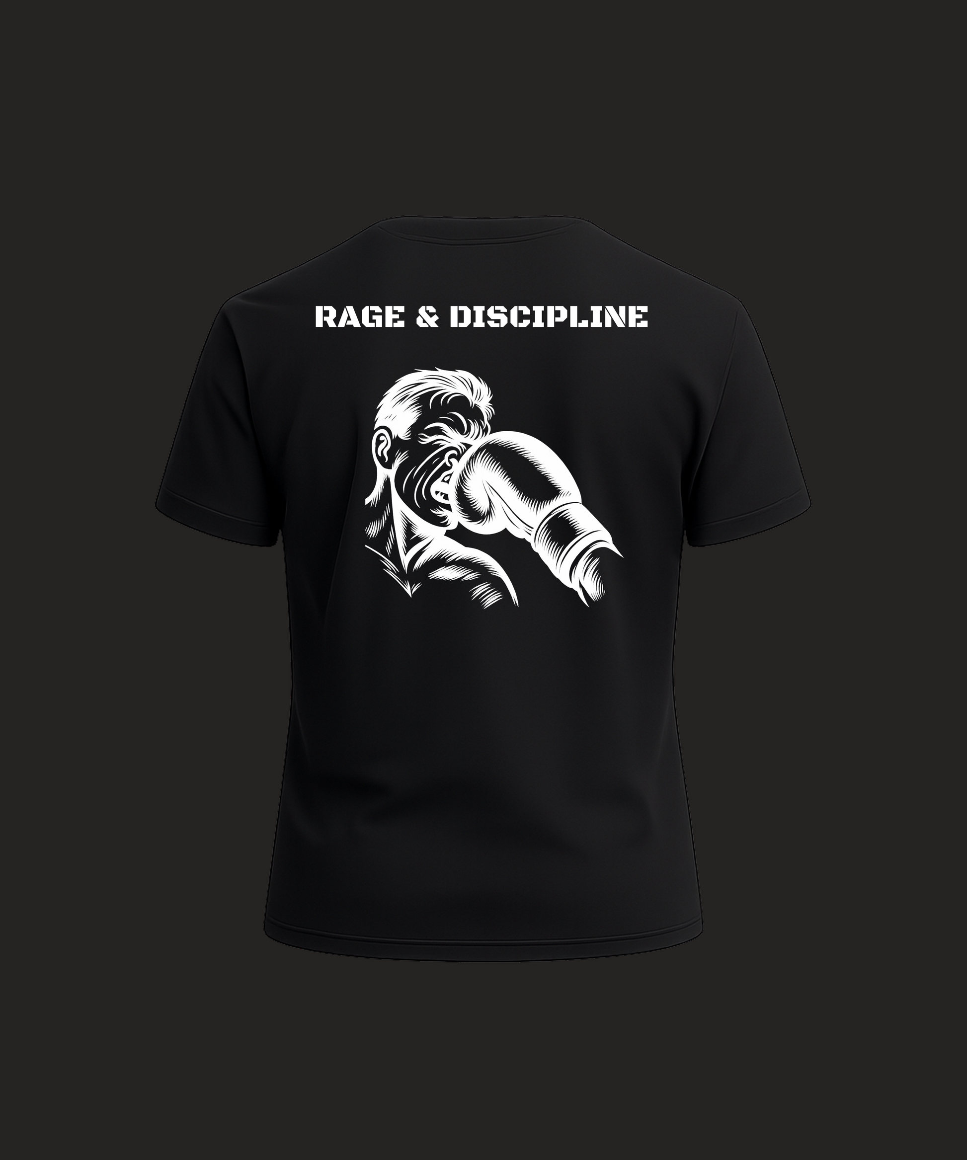 Black t-shirt with white graphic and text 'RAGE & DISCIPLINE' on a dark background