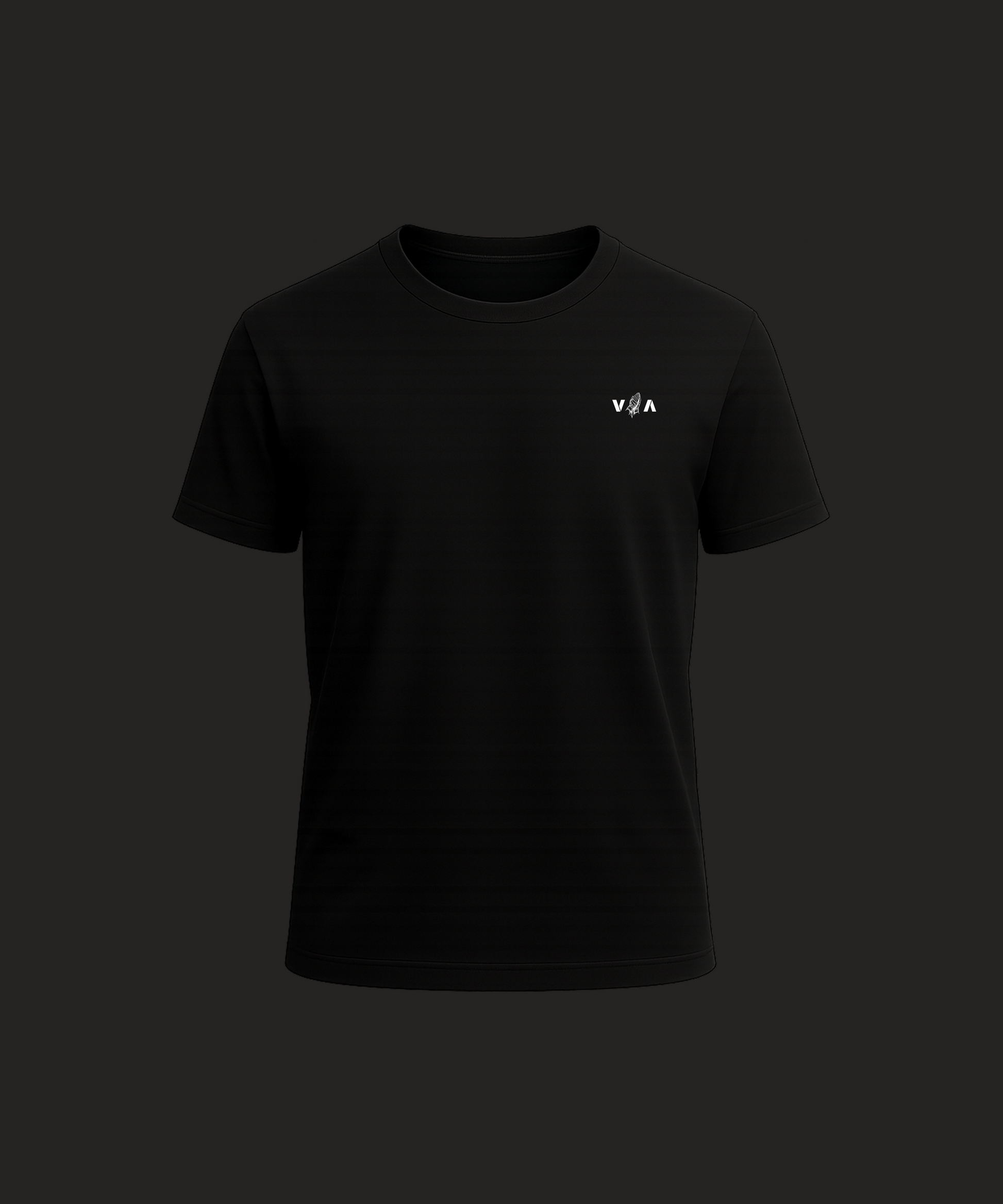 Black t-shirt with a small white logo on a dark background