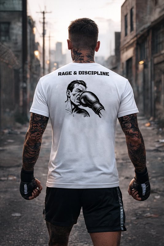 Person wearing a white t-shirt with a graphic design and text, standing in an urban setting.