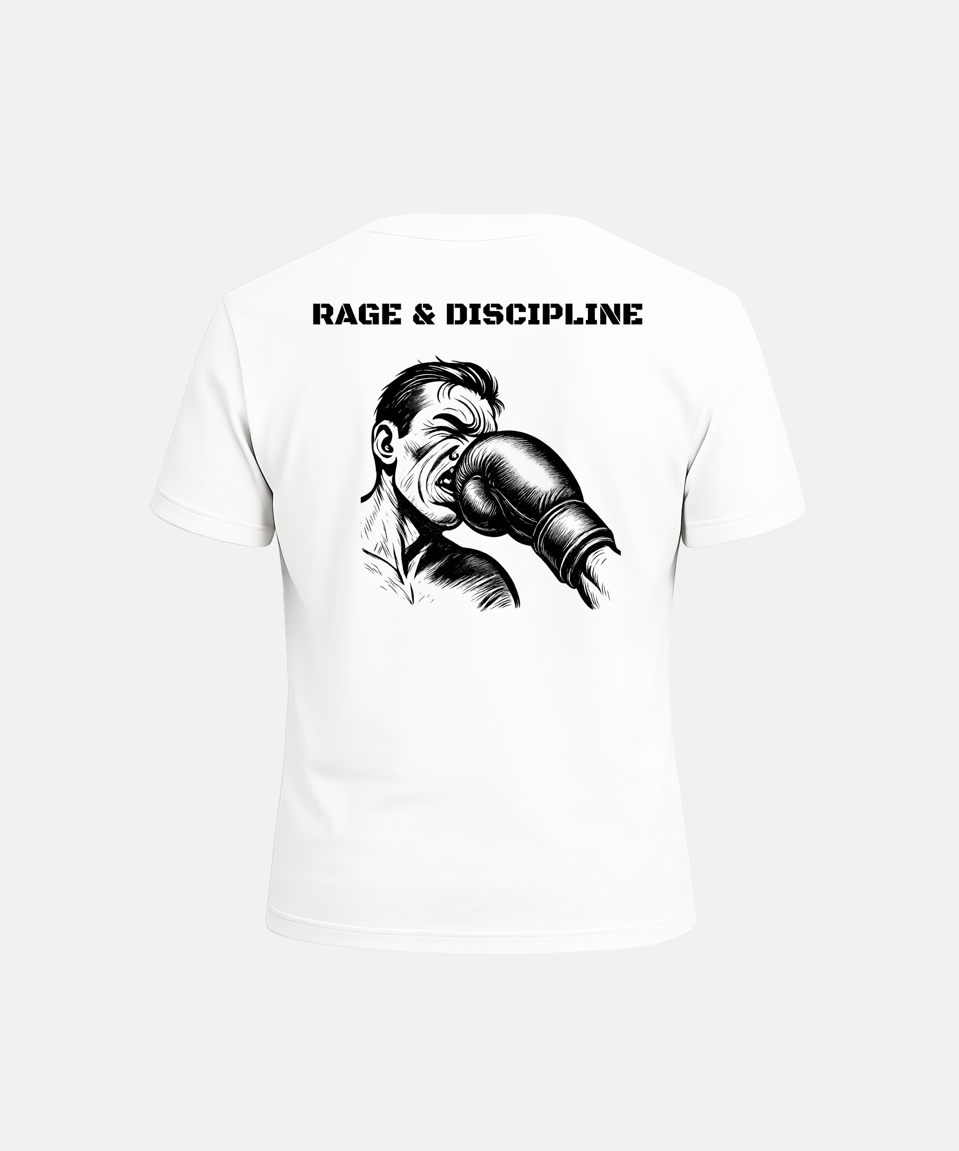 White t-shirt with a graphic of a person shouting into a microphone and the text 'RAGE & DISCIPLINE' on a white background.