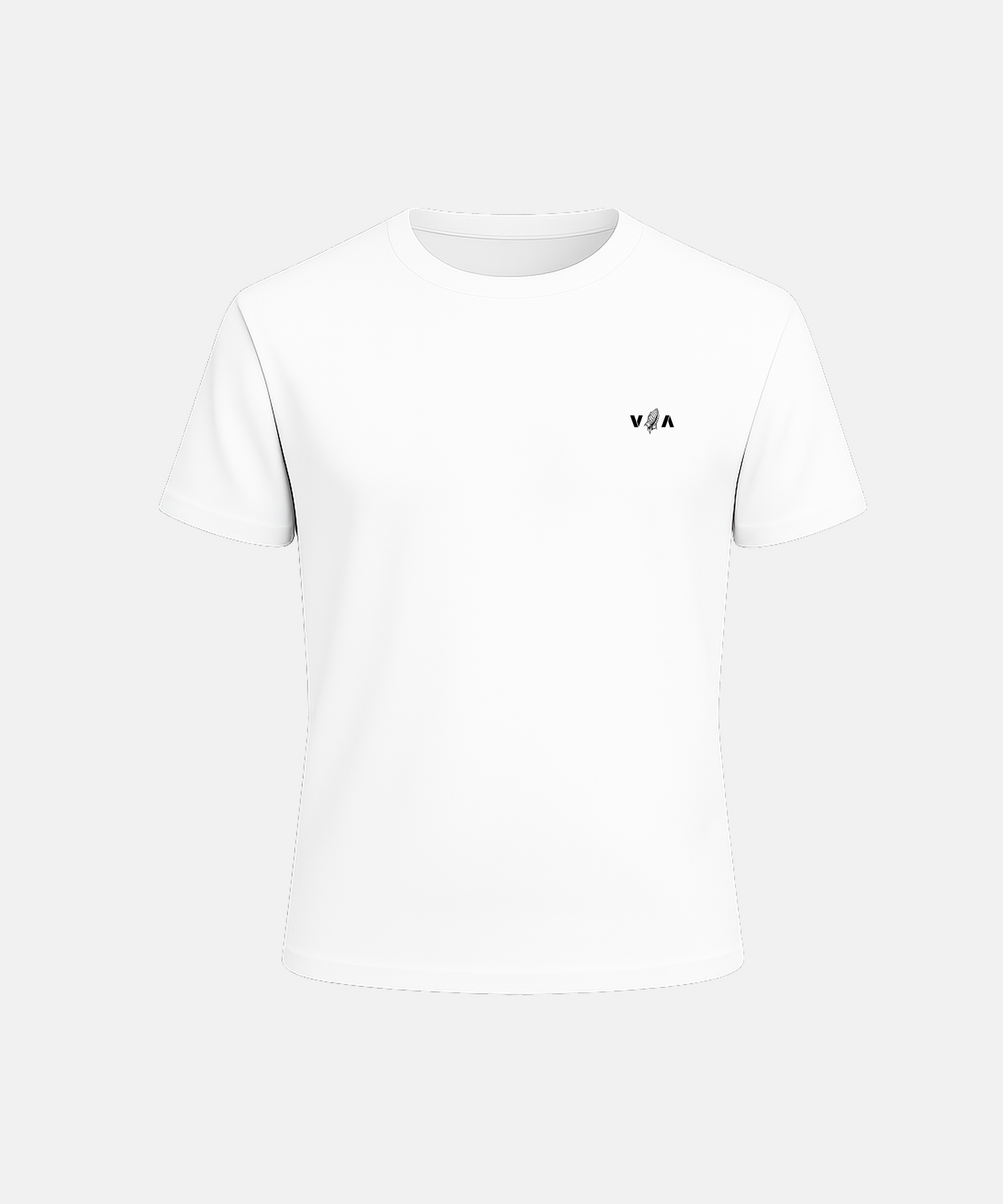 White t-shirt with a small logo on a white background